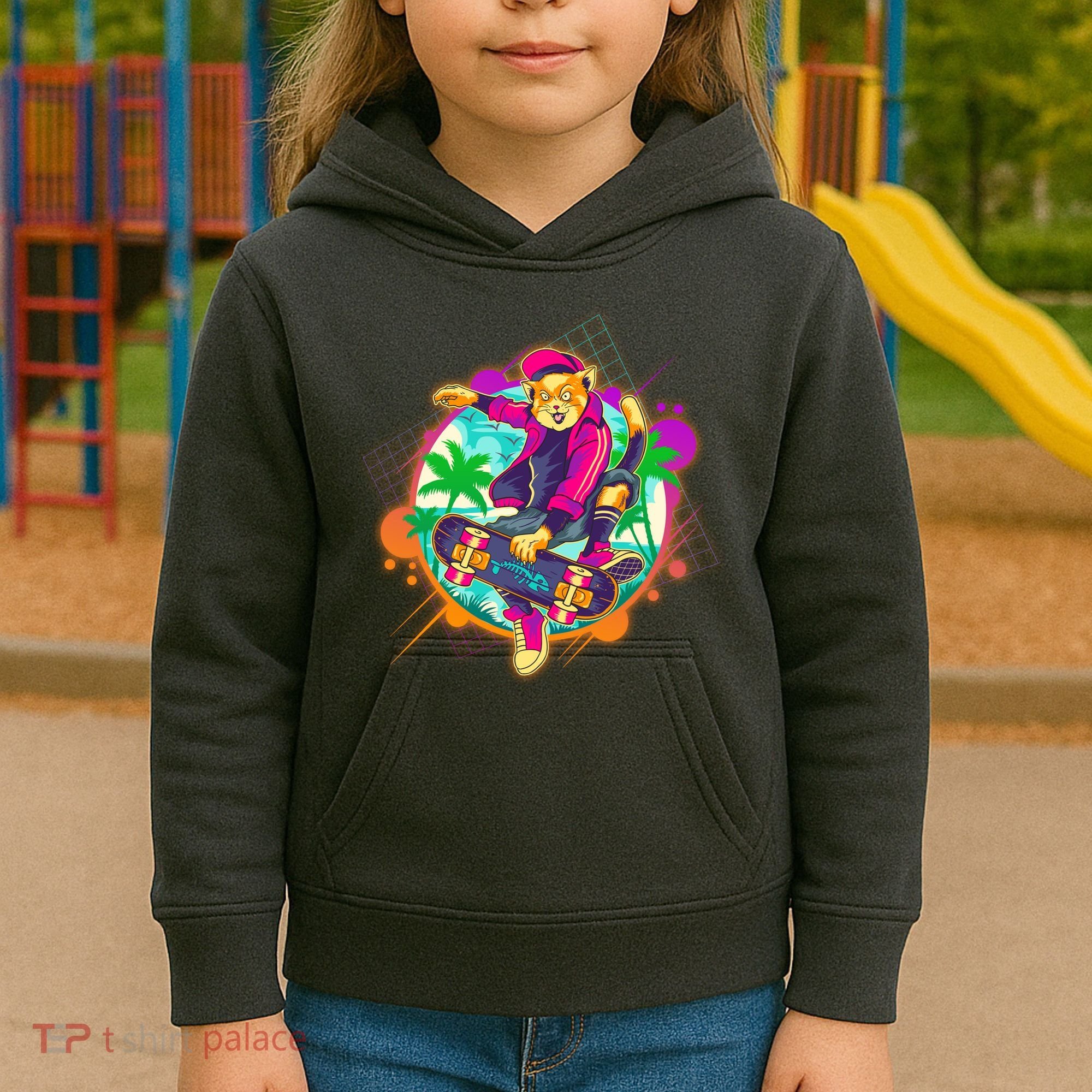 Funny Cool Retro 80s Skatebording Cat Kids Hoodie