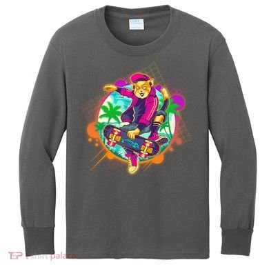 Funny Cool Retro 80s Skatebording Cat Kids Long Sleeve Shirt