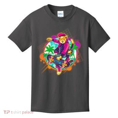 Funny Cool Retro 80s Skatebording Cat Kids T-Shirt