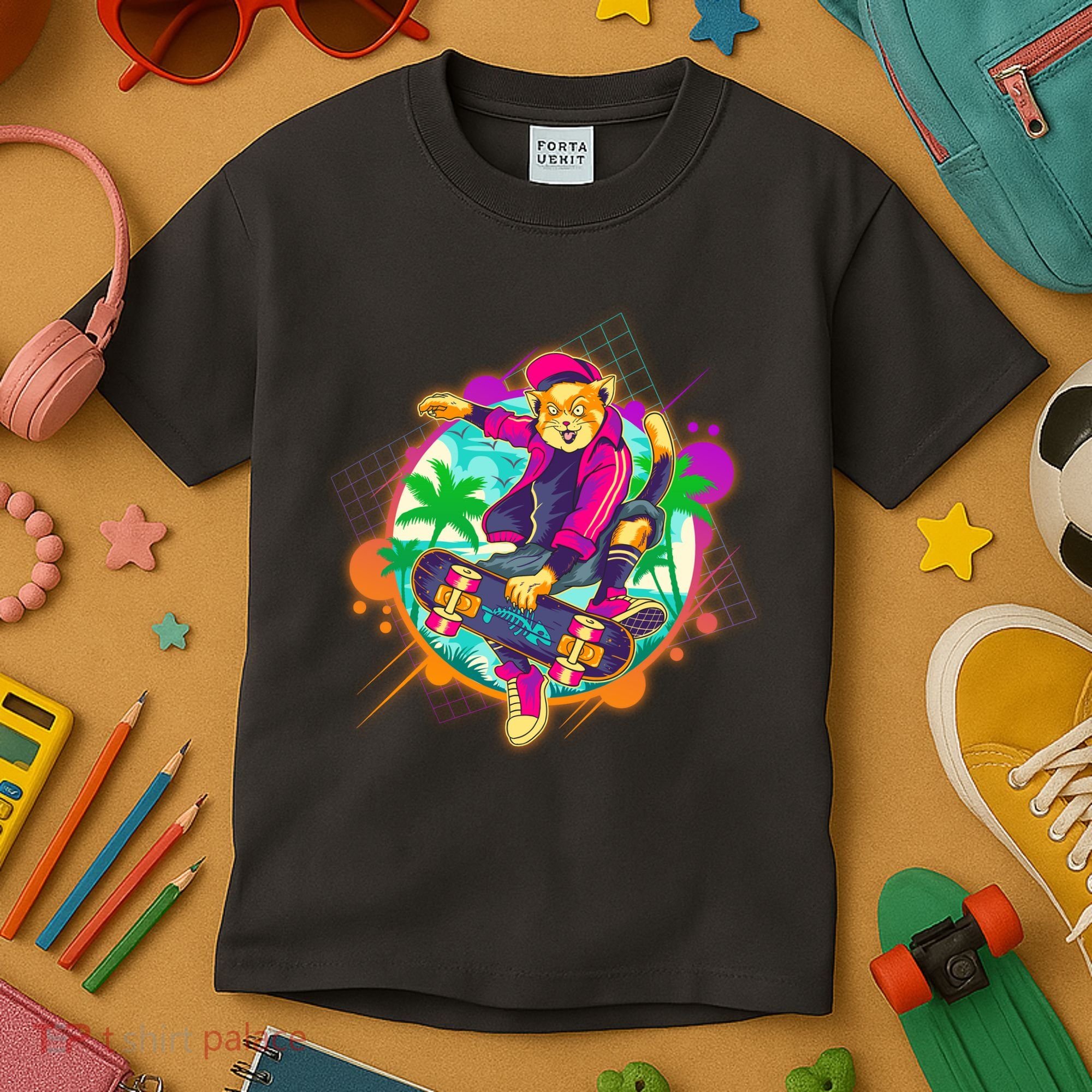 Funny Cool Retro 80s Skatebording Cat Kids T-Shirt