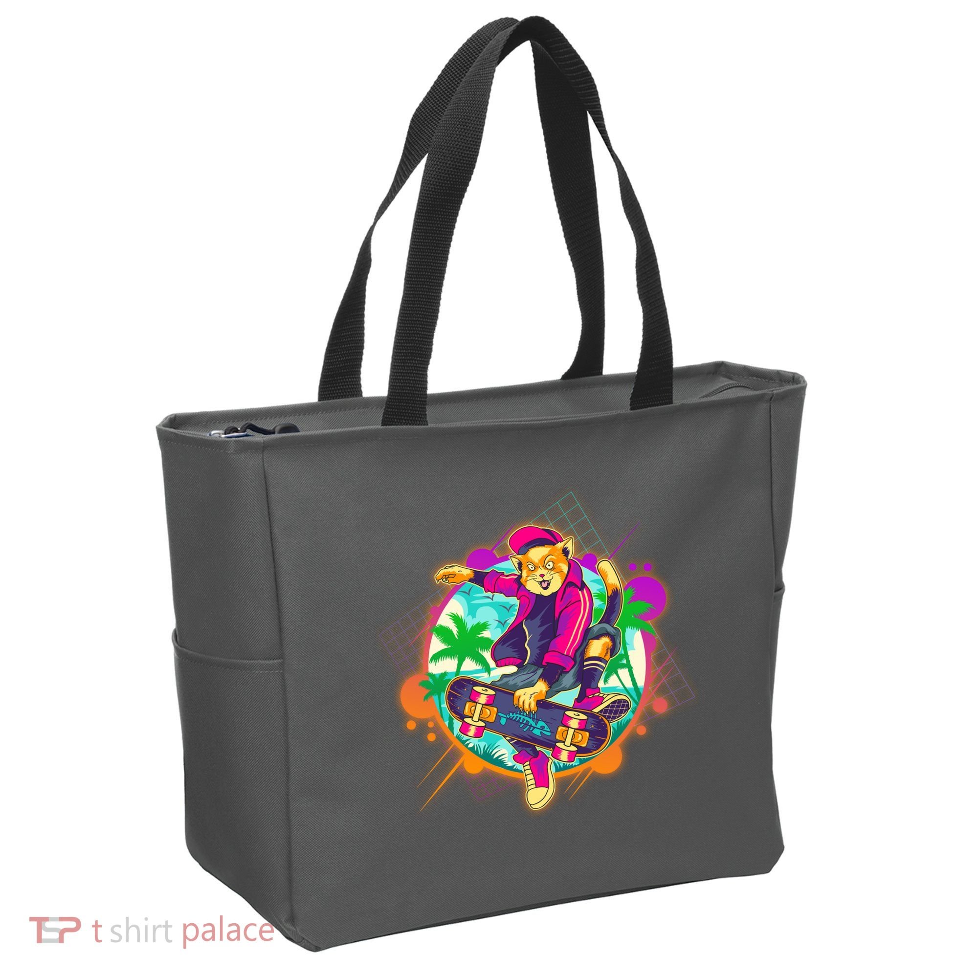 Funny Cool Retro 80s Skatebording Cat Tote Bag
