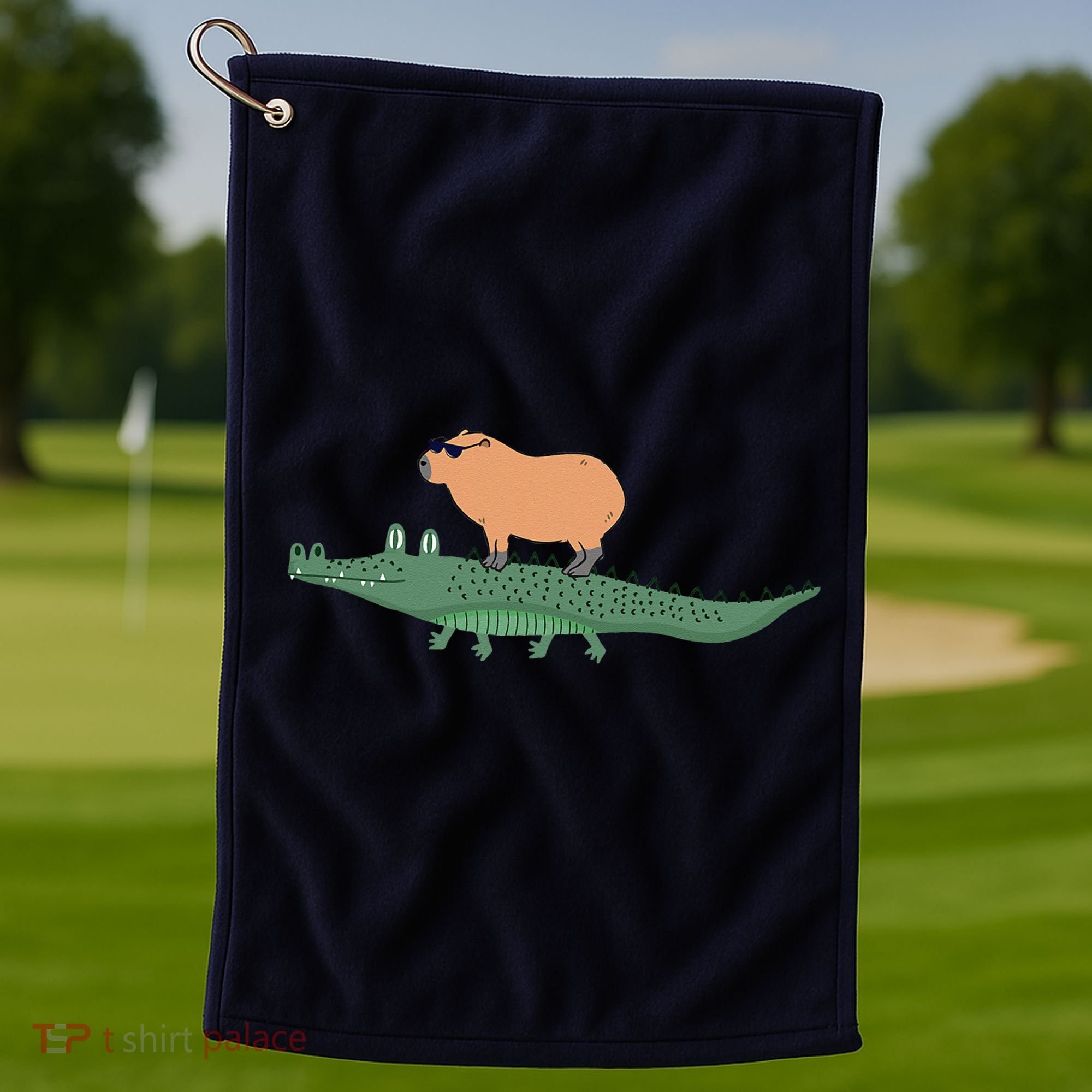 Funny Capybara Riding On A Crocodile Golf Towel