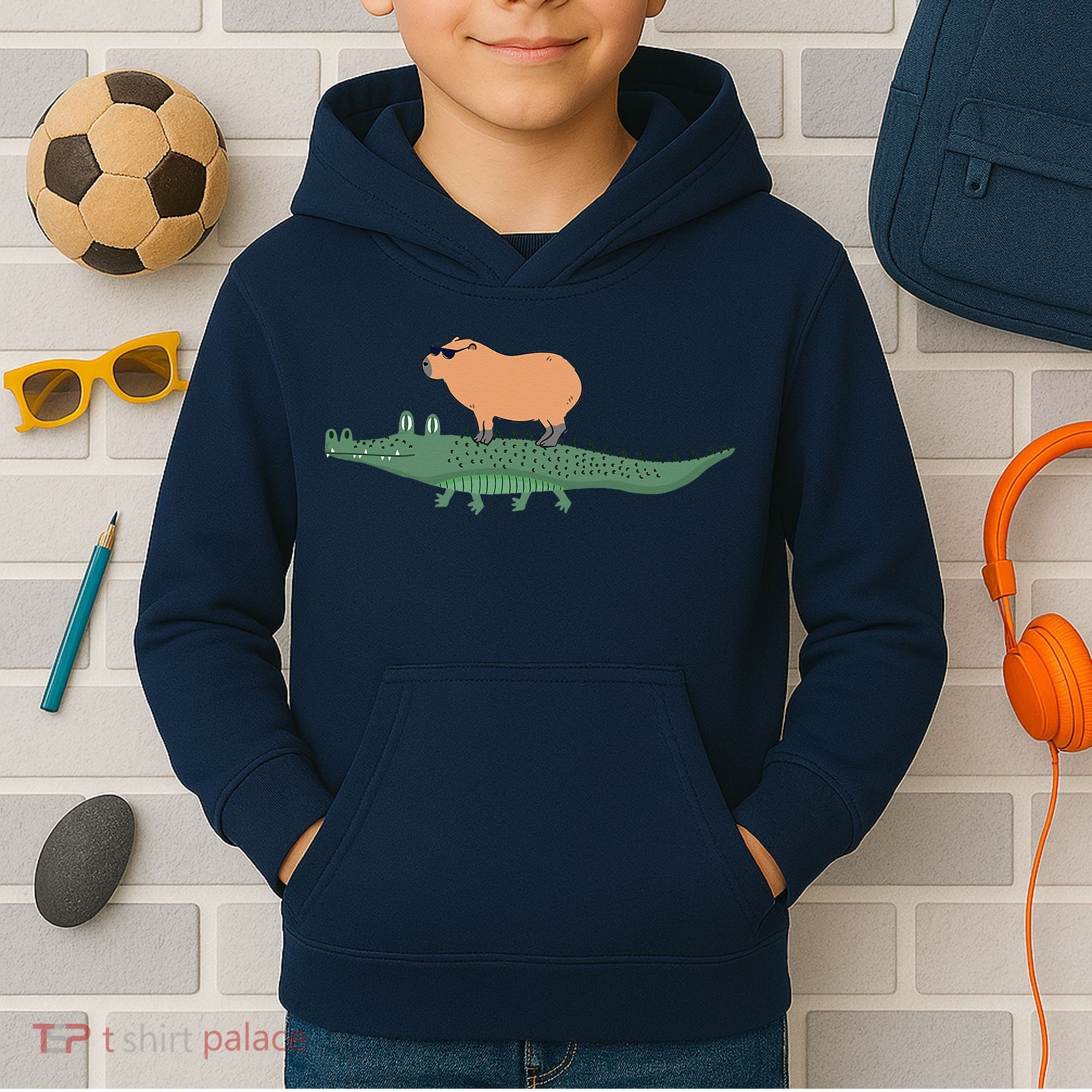 Funny Capybara Riding On A Crocodile Kids Hoodie