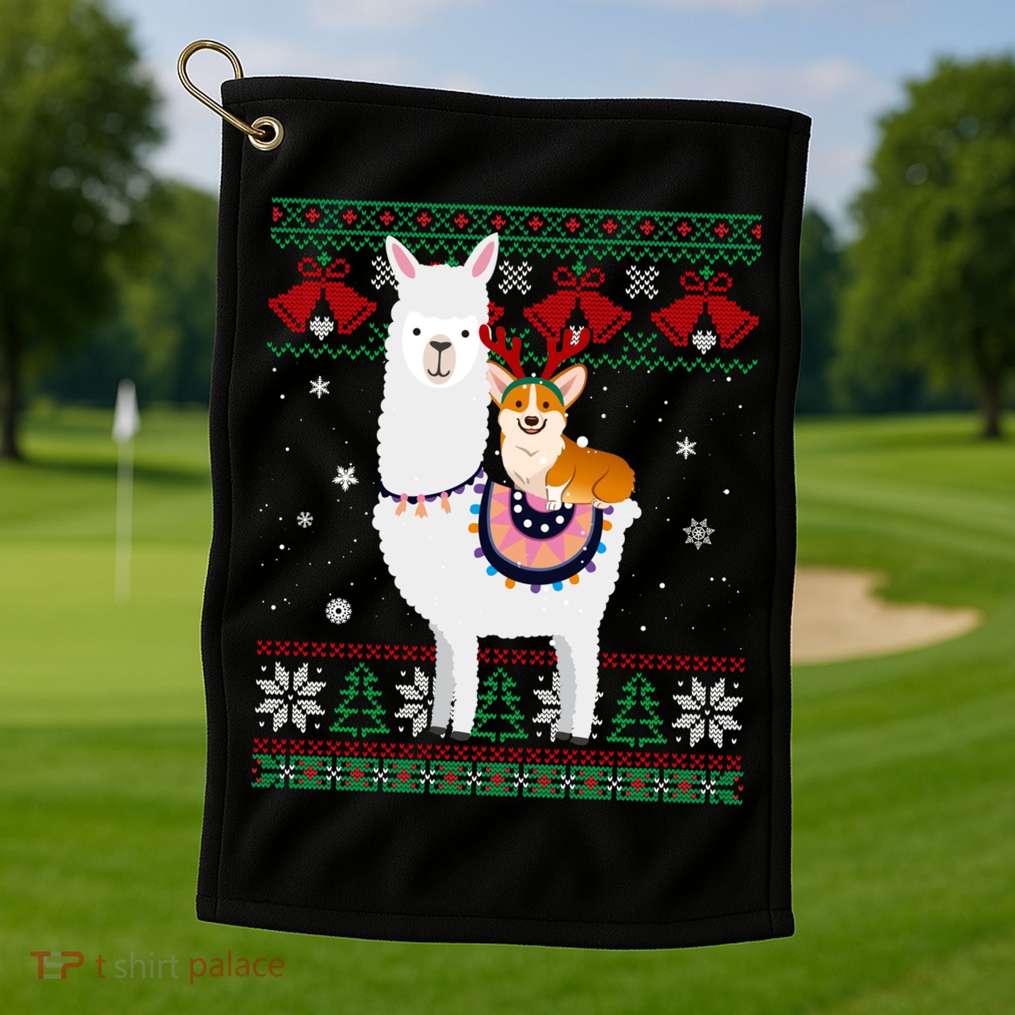Funny Corgi Riding Llama Christmas Funny Gift Corgi Xmas Ugly Cute Gift Golf Towel