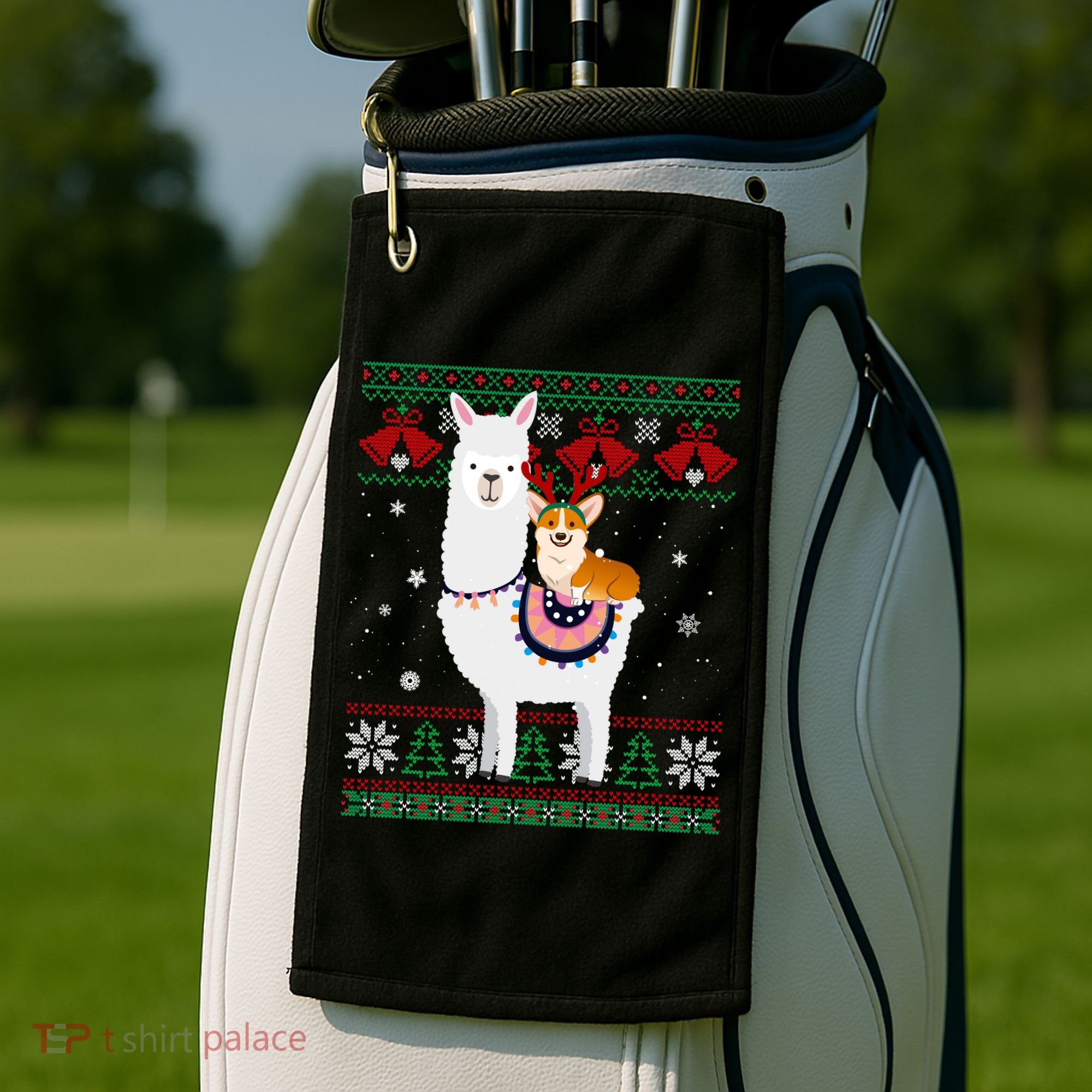 Funny Corgi Riding Llama Christmas Funny Gift Corgi Xmas Ugly Cute Gift Golf Towel