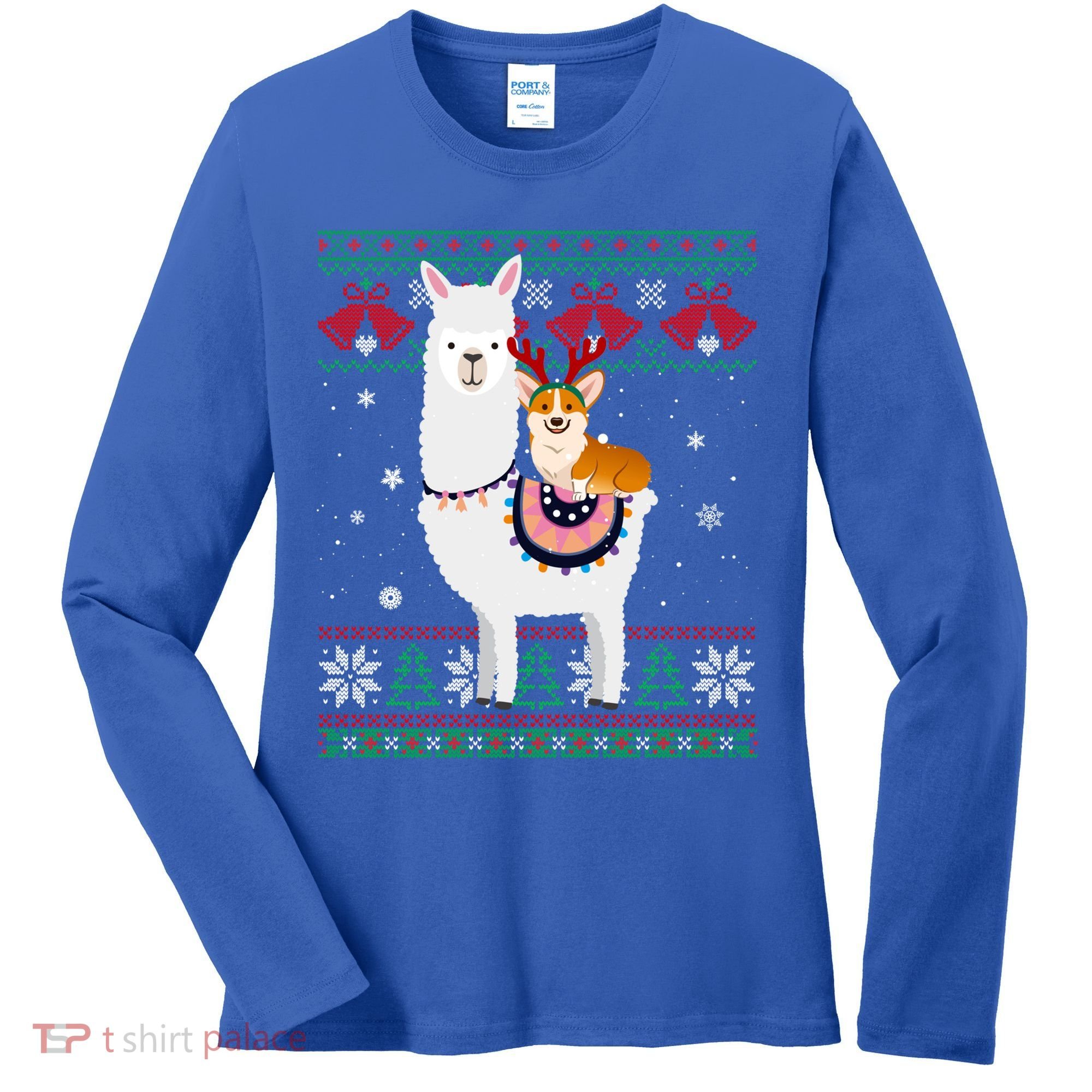 Funny Corgi Riding Llama Christmas Funny Gift Corgi Xmas Ugly Cute Gift Women's Long Sleeve Shirt