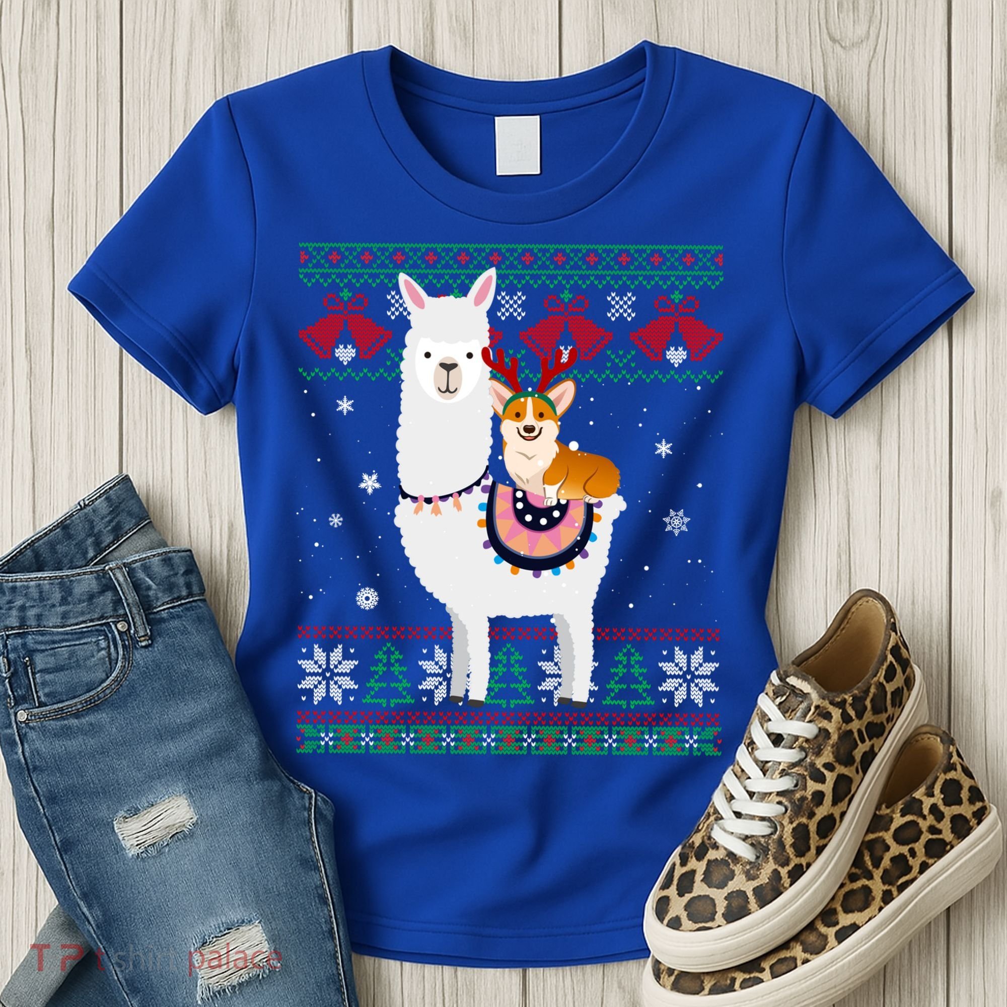 Funny Corgi Riding Llama Christmas Funny Gift Corgi Xmas Ugly Cute Gift Women's T-Shirt