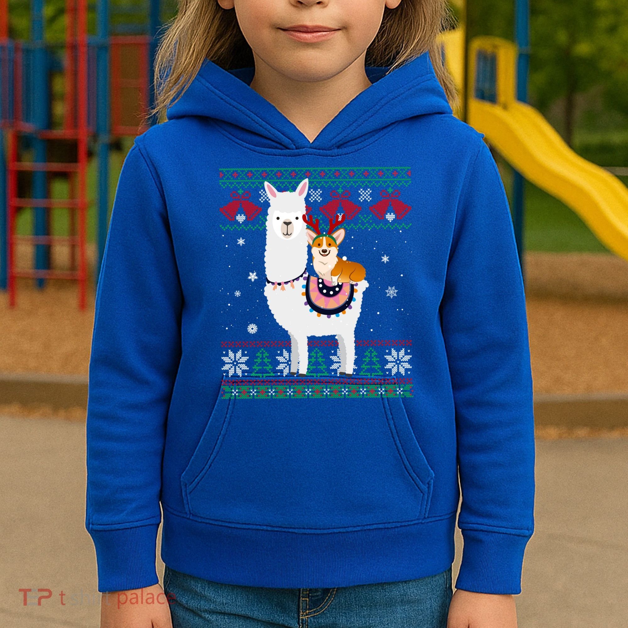 Funny Corgi Riding Llama Christmas Funny Gift Corgi Xmas Ugly Cute Gift Kids Hoodie