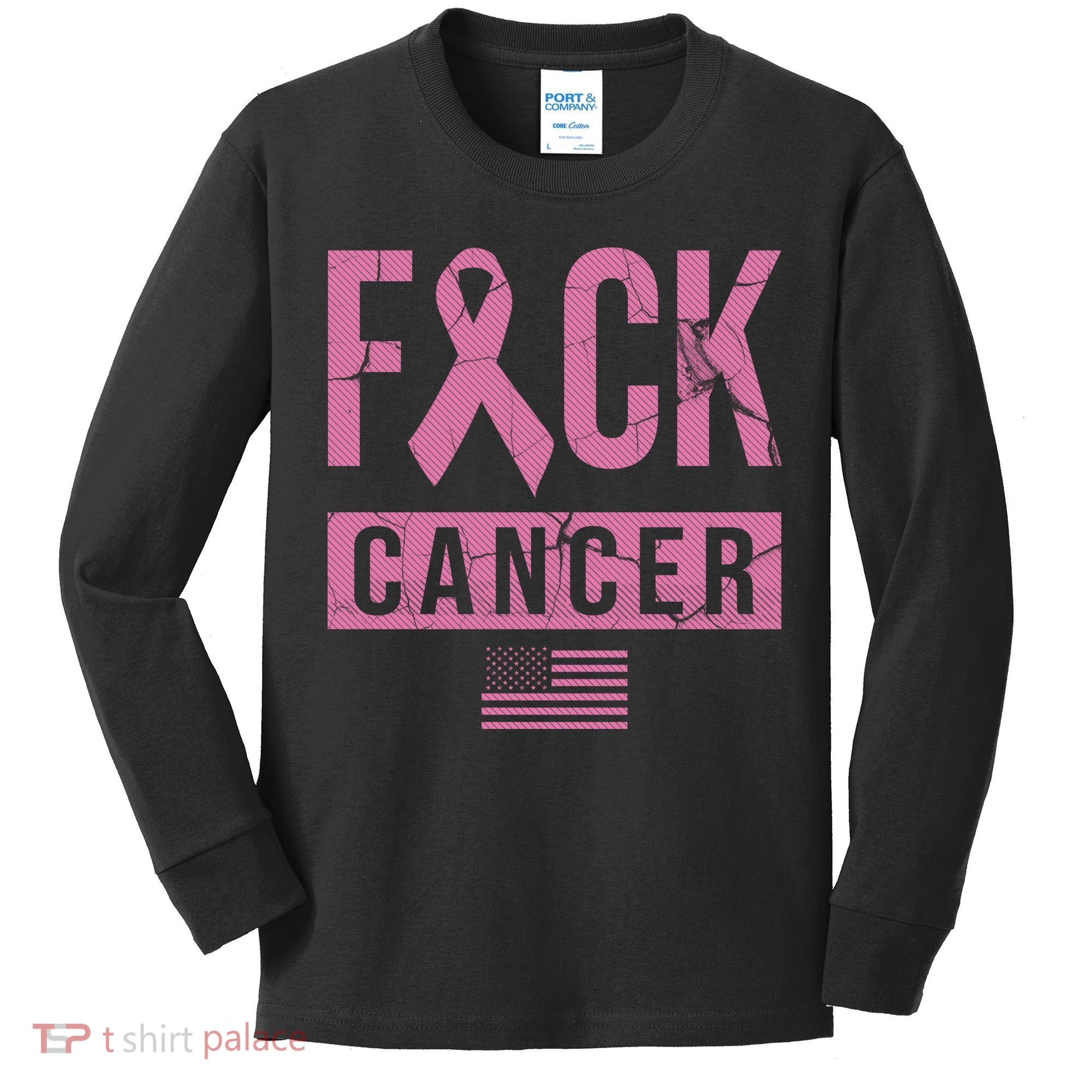 F*ck Cancer Ribbon American Flag Tribute Kids Long Sleeve Shirt