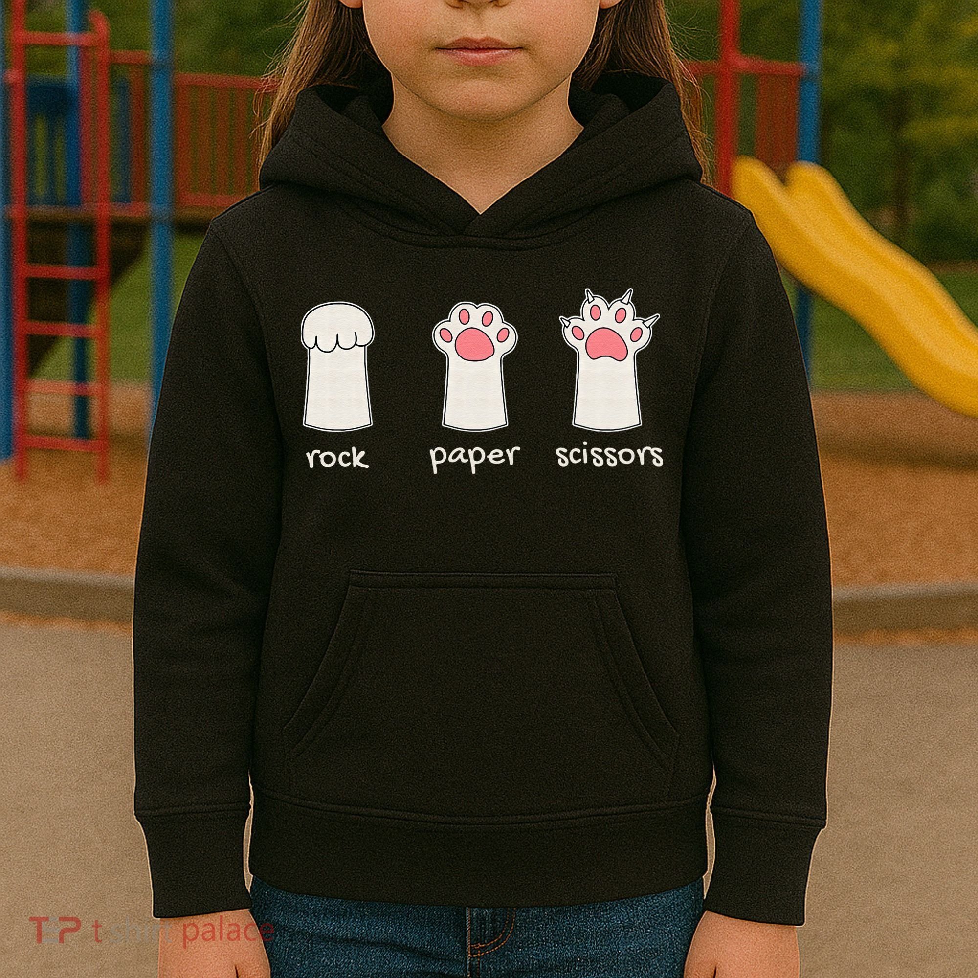 Funny Cat Rock Paper Scissors Cute Cat Paws Kids Hoodie