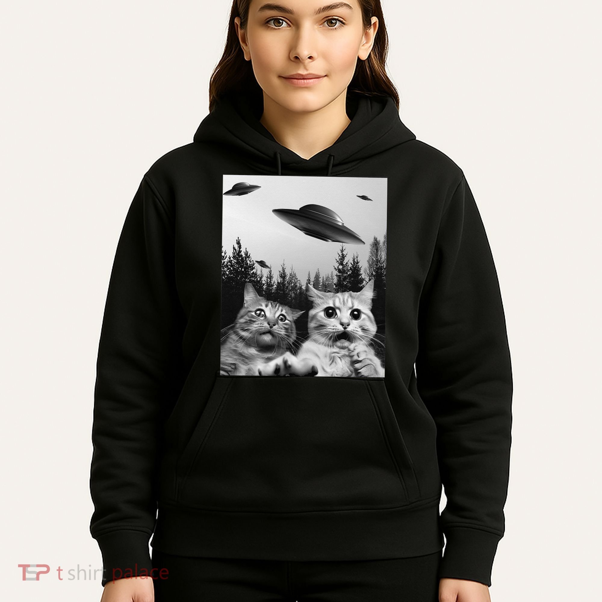 Funny Cat Selfie with UFOs Hoodie