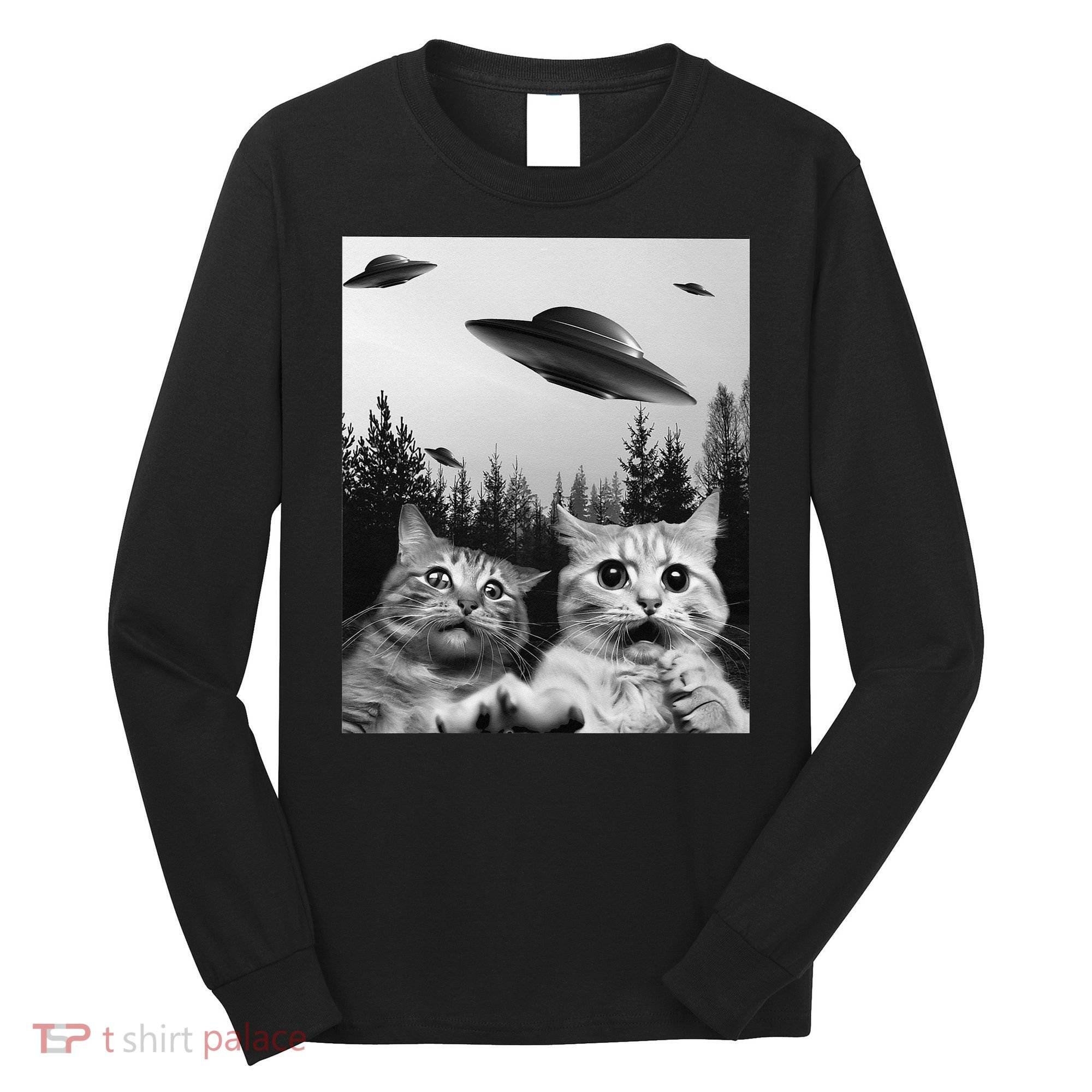Funny Cat Selfie with UFOs Long Sleeve Shirt