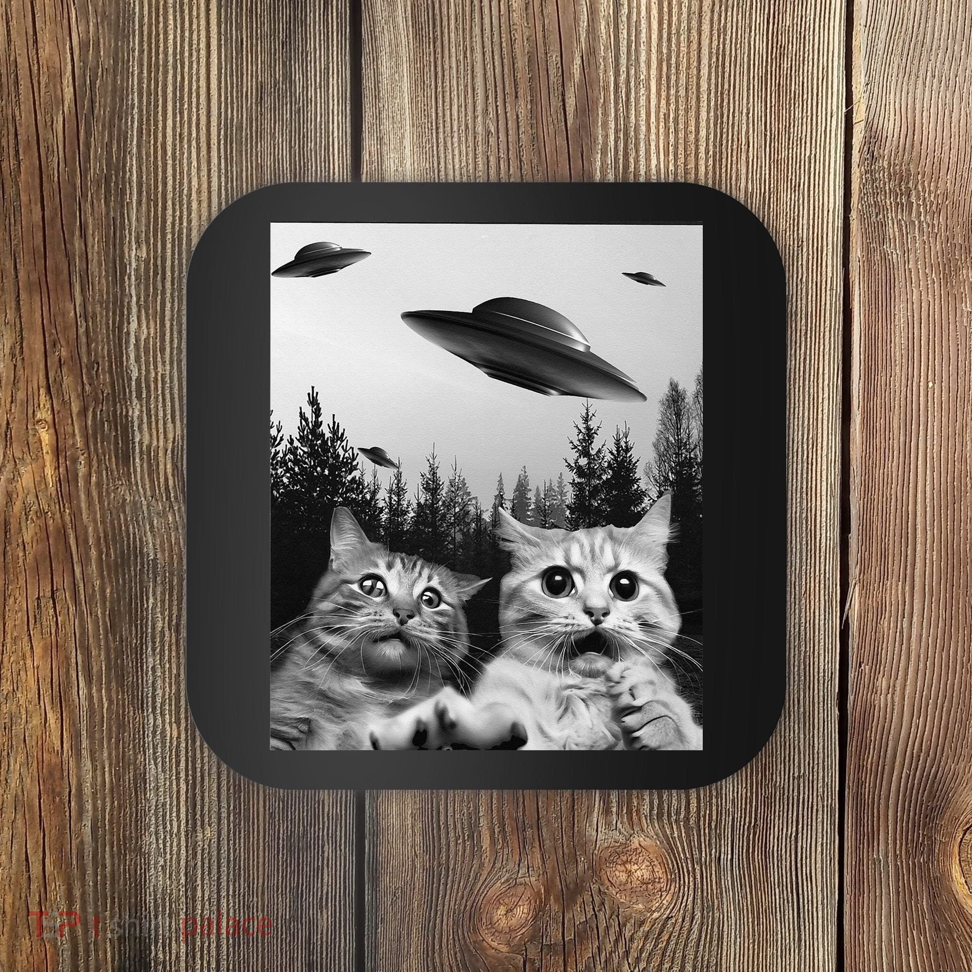 Funny Cat Selfie with UFOs Coaster