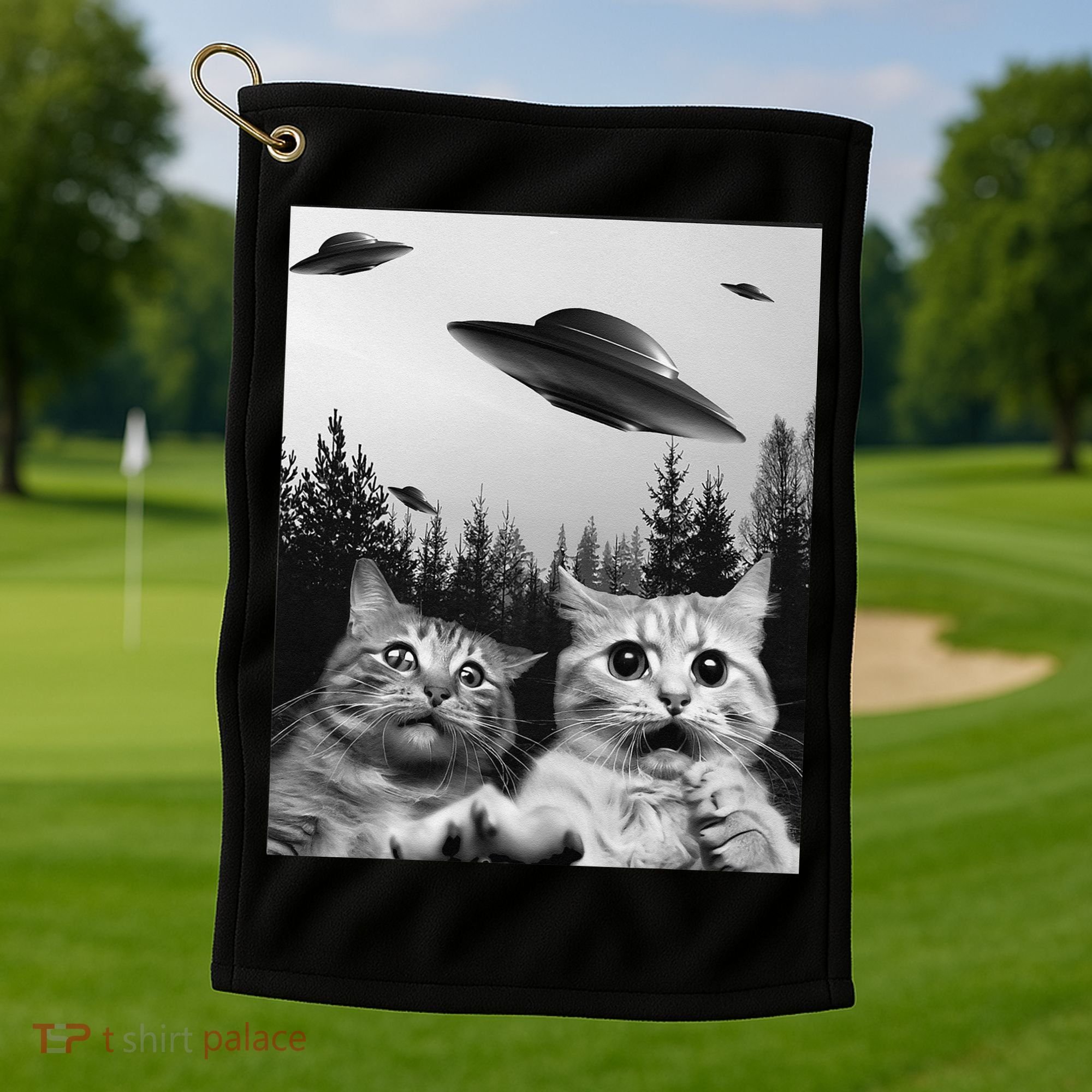 Funny Cat Selfie with UFOs Golf Towel
