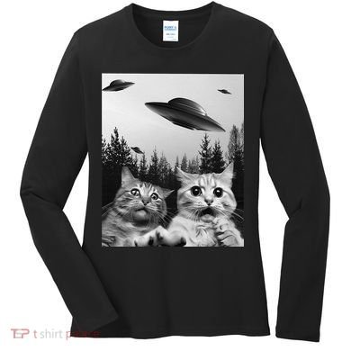 Funny Cat Selfie with UFOs Women's Long Sleeve Shirt