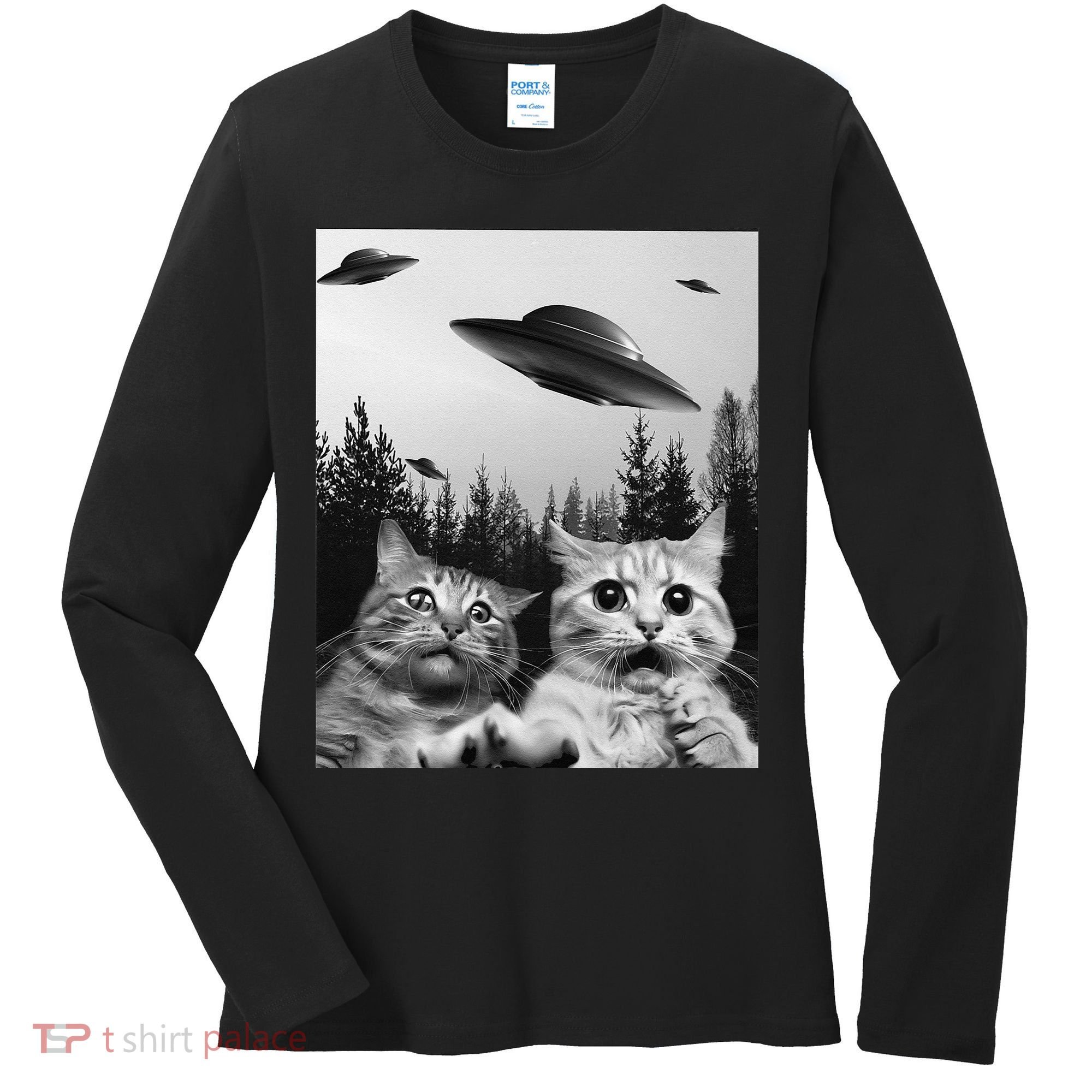 Funny Cat Selfie with UFOs Women's Long Sleeve Shirt