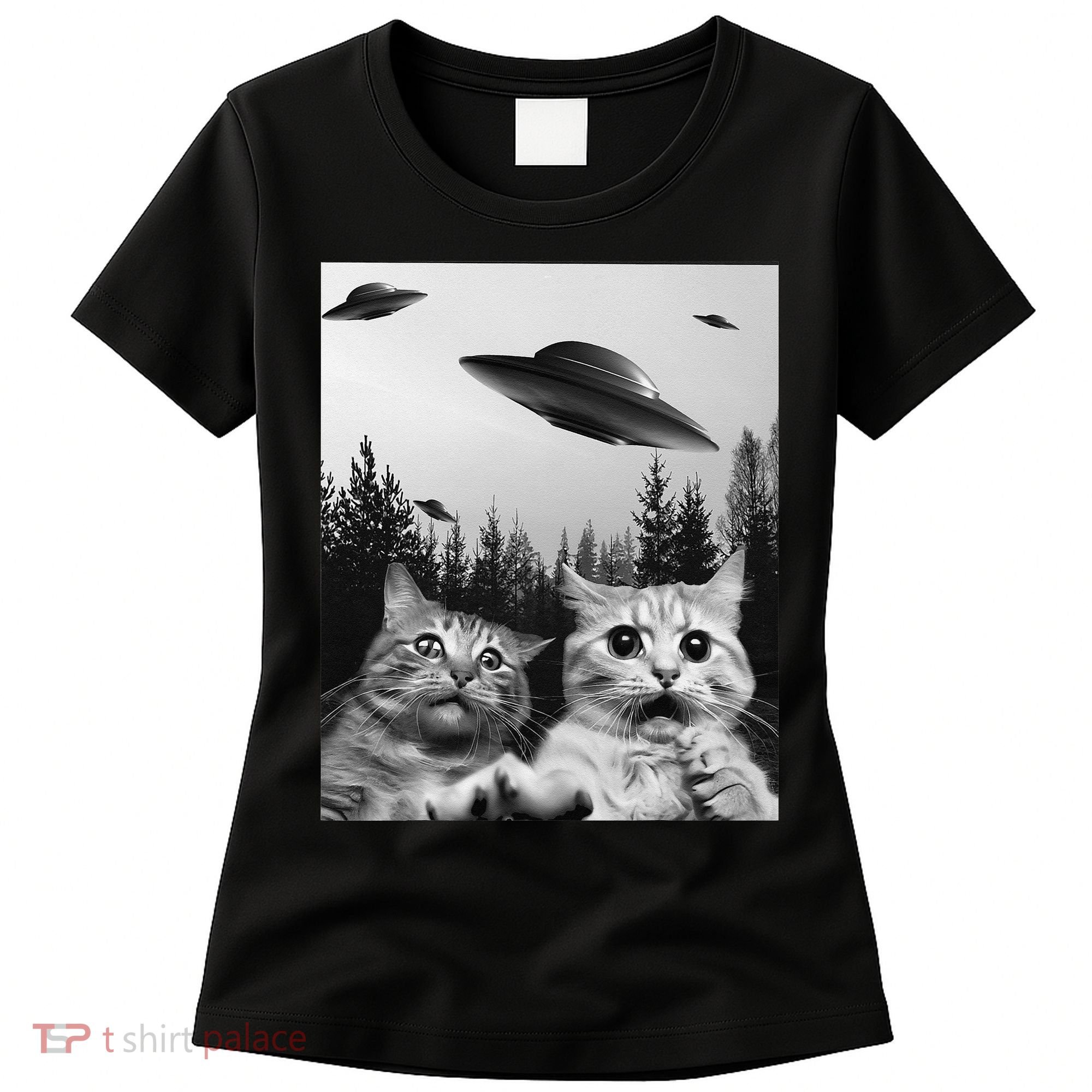 Funny Cat Selfie with UFOs Women's T-Shirt