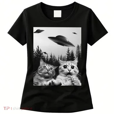 Funny Cat Selfie with UFOs Women's T-Shirt