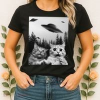 Funny Cat Selfie with UFOs Women's T-Shirt thumb 2