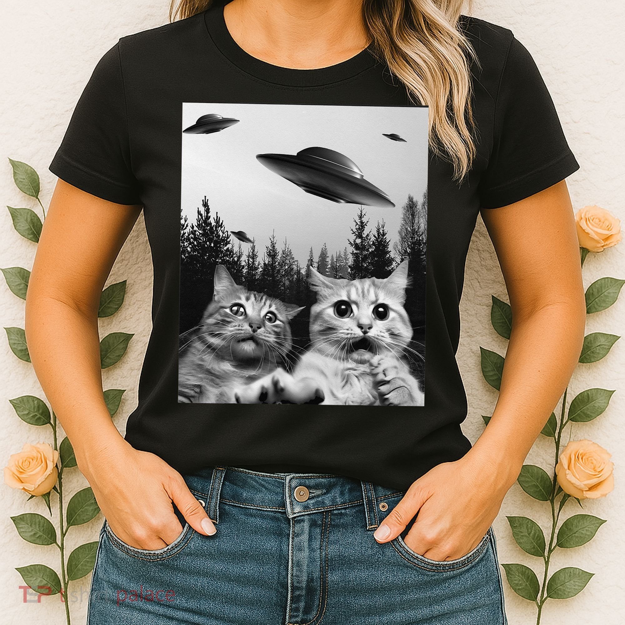 Funny Cat Selfie with UFOs Women's T-Shirt