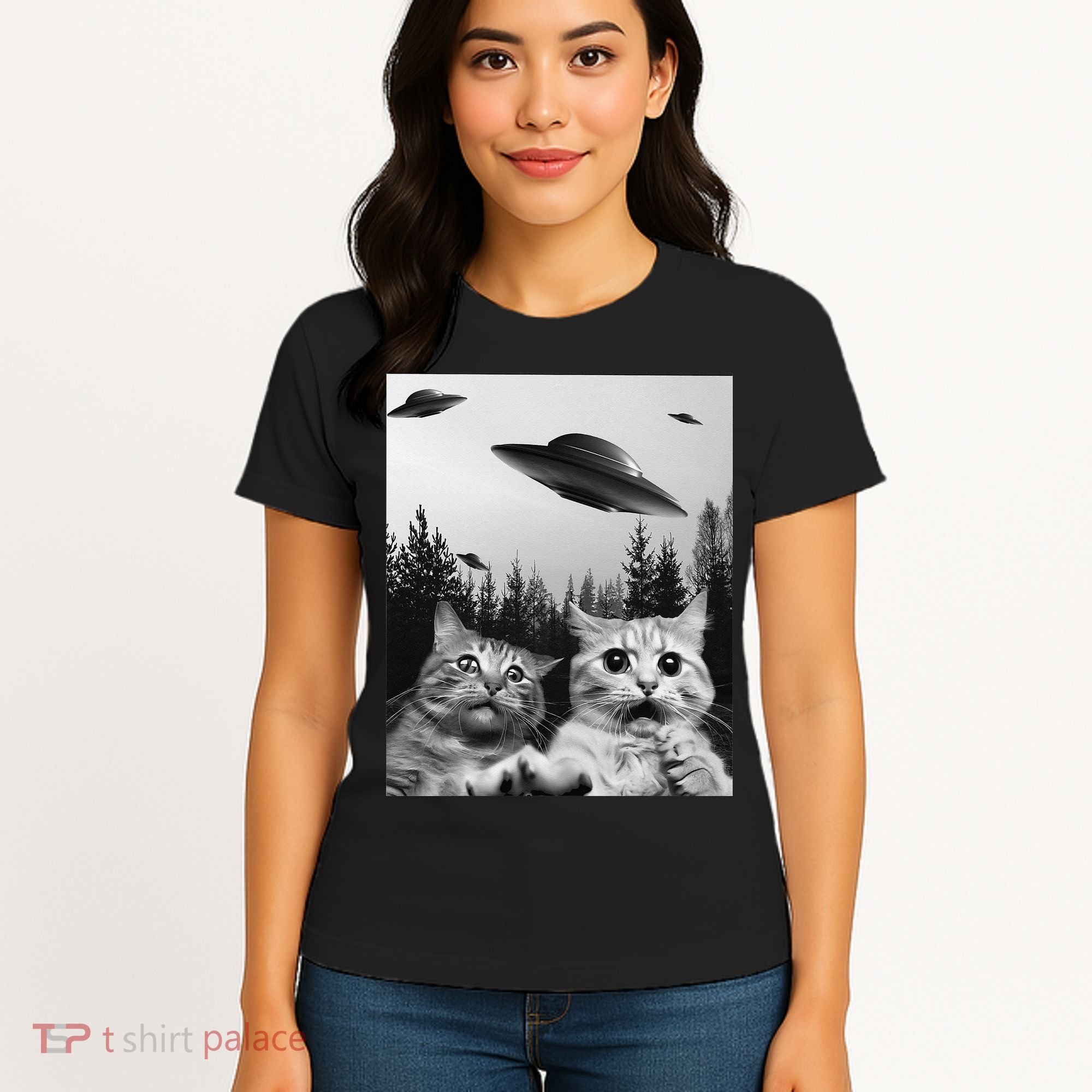 Funny Cat Selfie with UFOs Women's T-Shirt