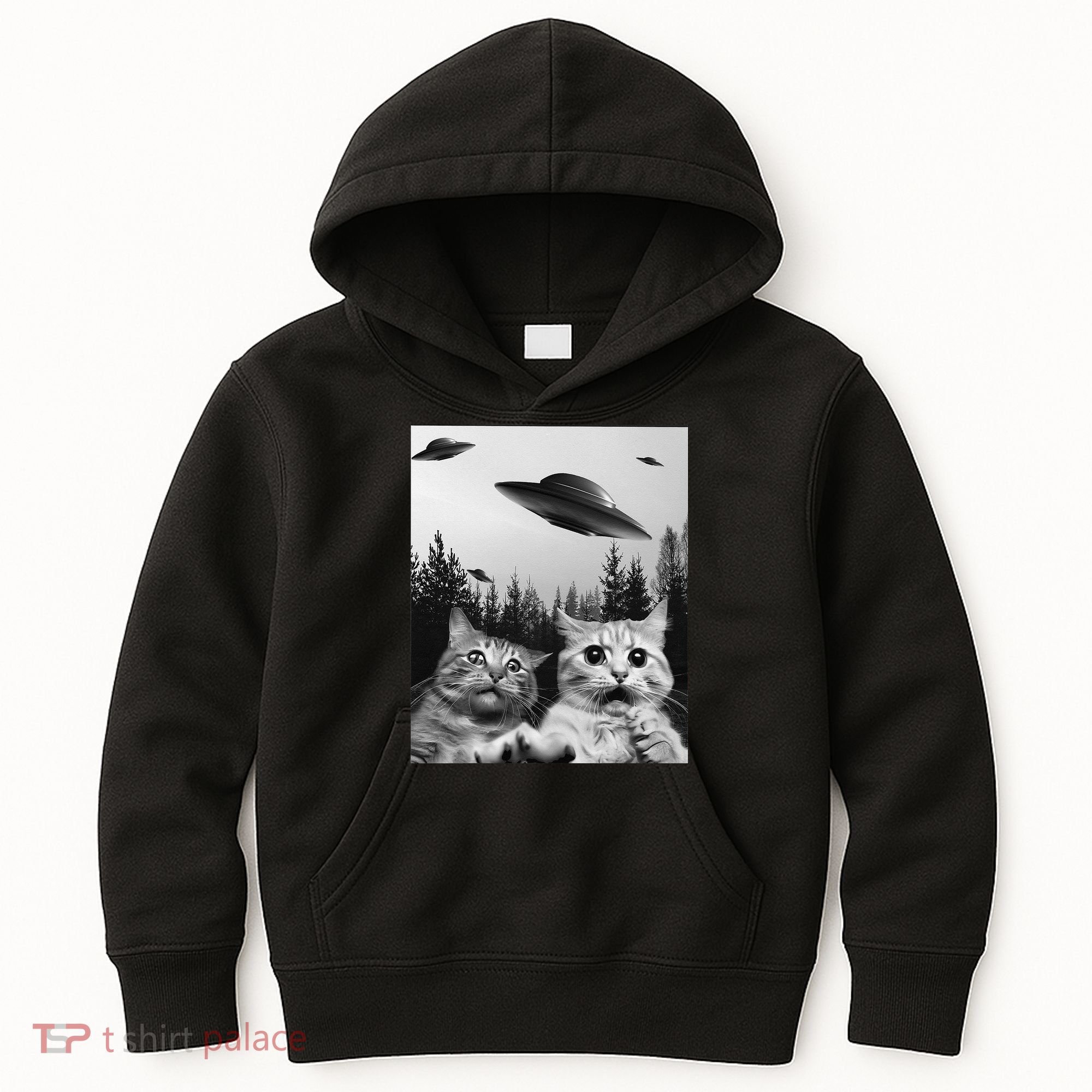Funny Cat Selfie with UFOs Kids Hoodie