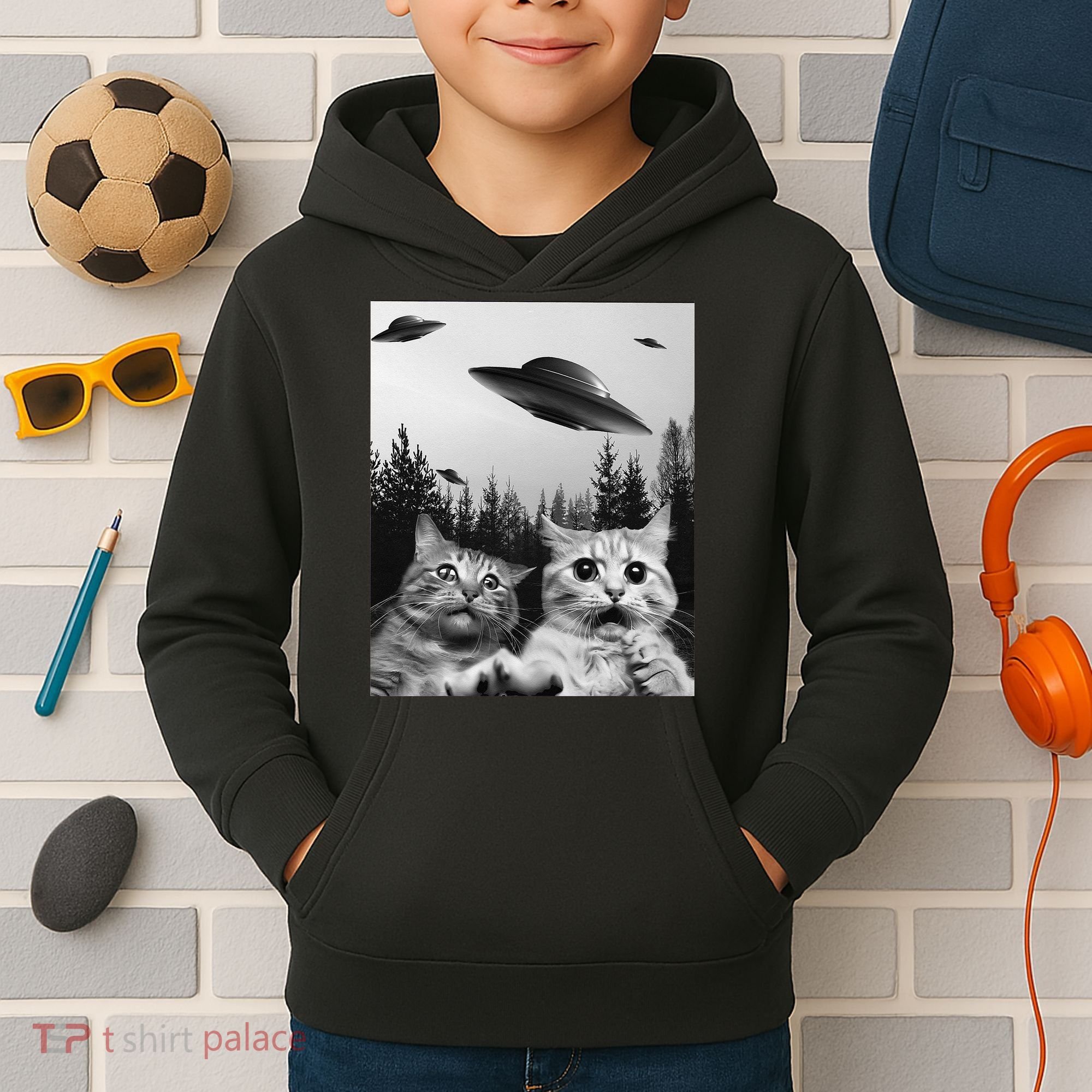 Funny Cat Selfie with UFOs Kids Hoodie
