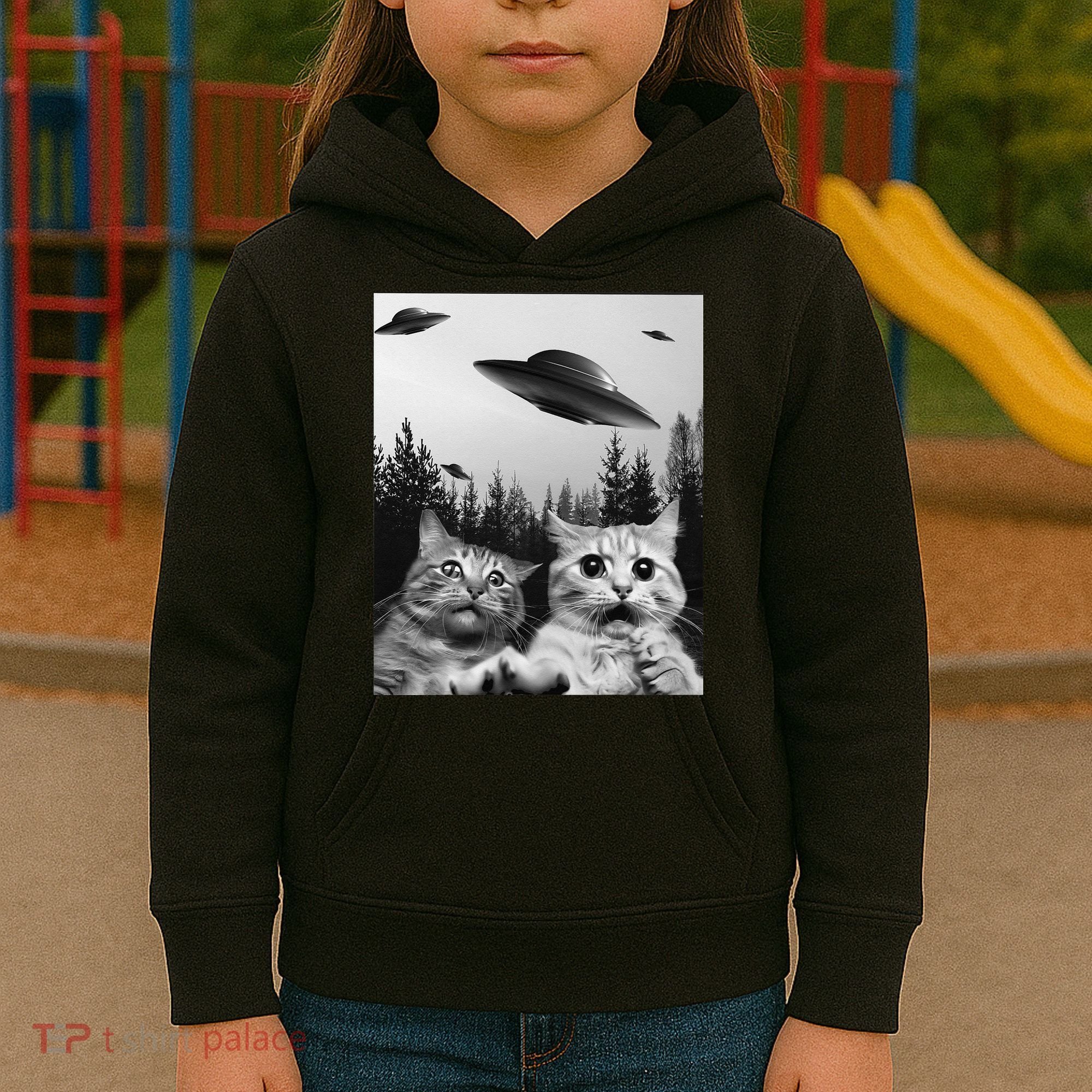 Funny Cat Selfie with UFOs Kids Hoodie