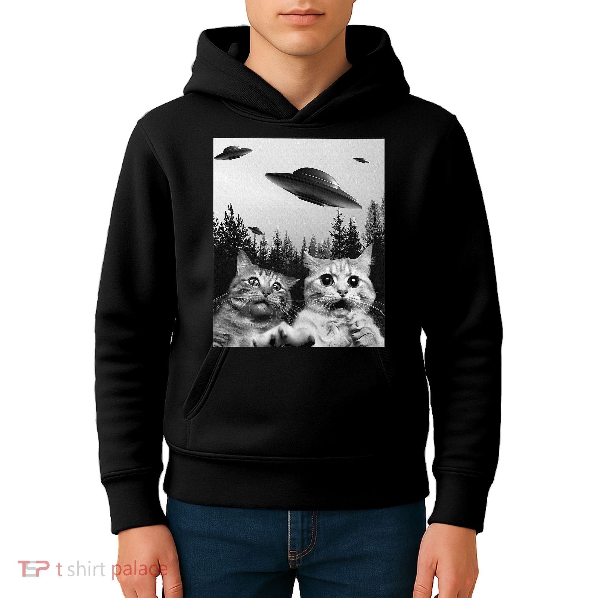 Funny Cat Selfie with UFOs Kids Hoodie