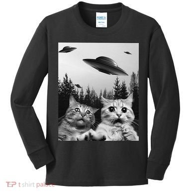 Funny Cat Selfie with UFOs Kids Long Sleeve Shirt