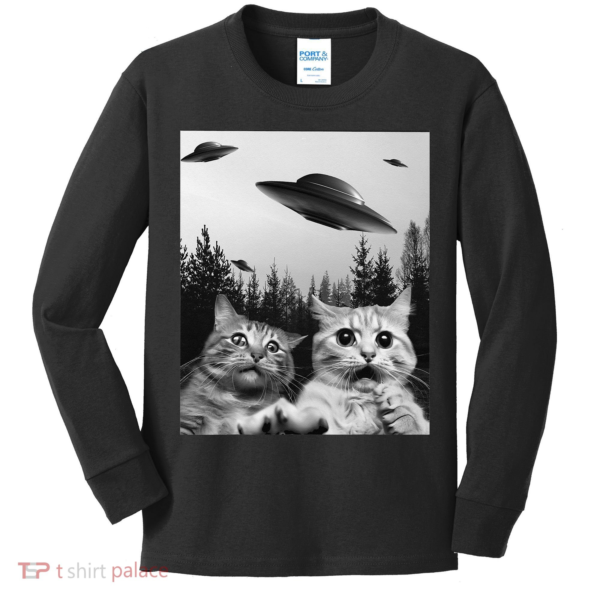 Funny Cat Selfie with UFOs Kids Long Sleeve Shirt