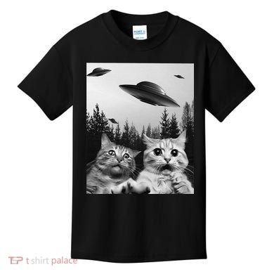 Funny Cat Selfie with UFOs Kids T-Shirt