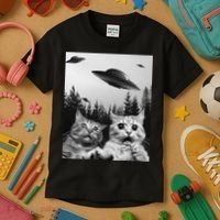 Funny Cat Selfie with UFOs Kids T-Shirt thumb 3