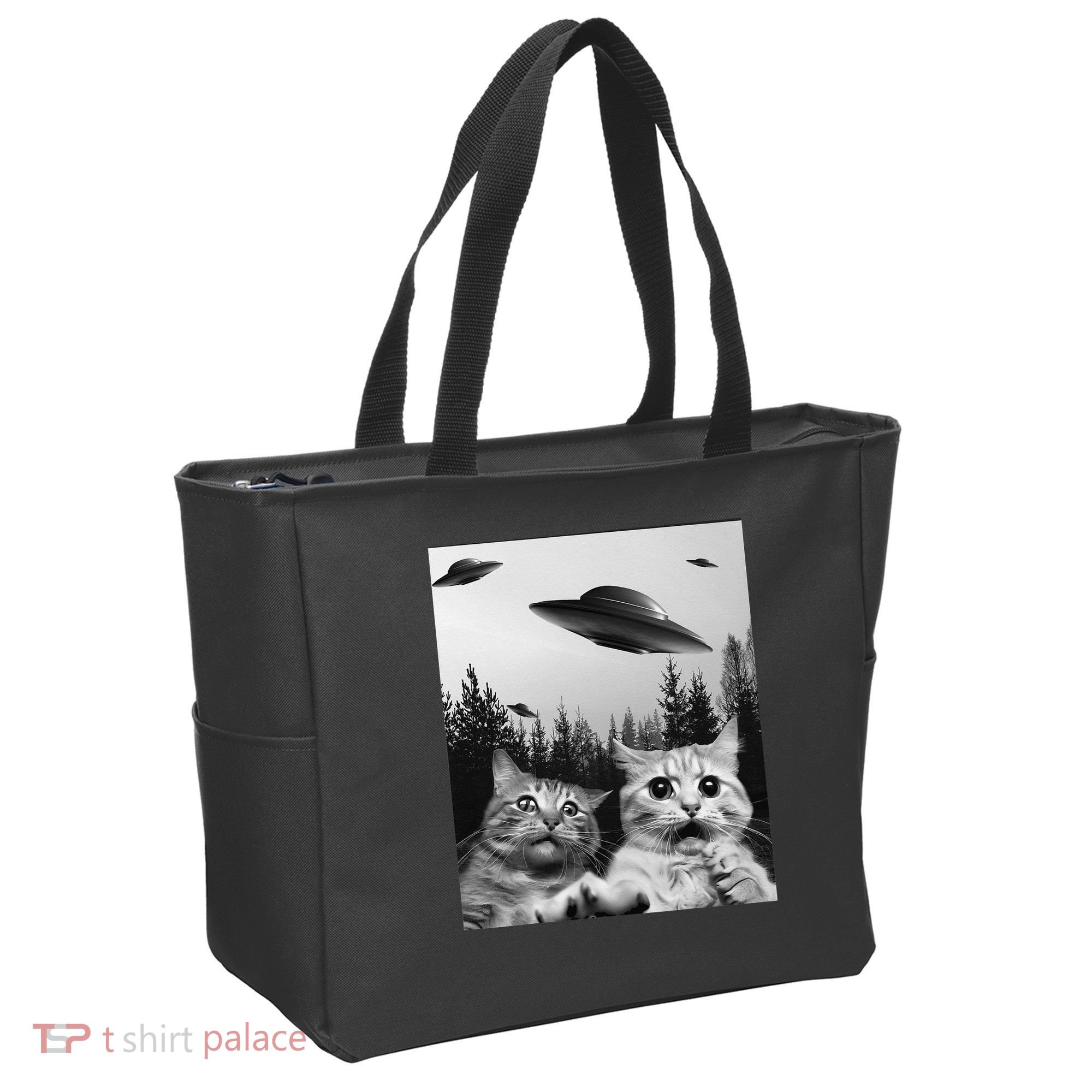 Funny Cat Selfie with UFOs Tote Bag