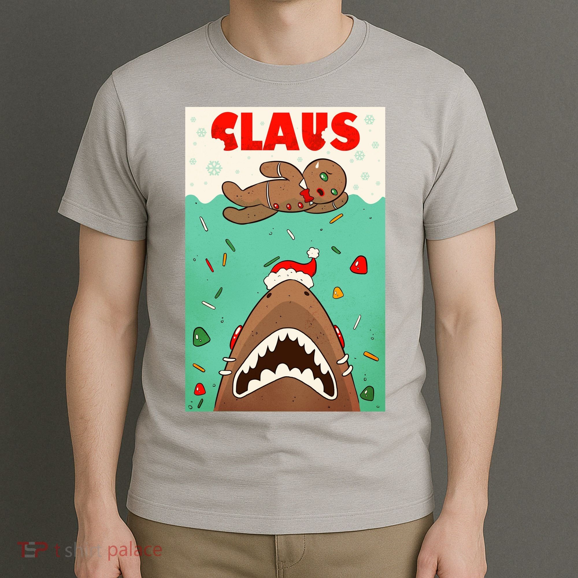Funny Christmas Santa Claus Shark Attack Gingerbread Man T-Shirt