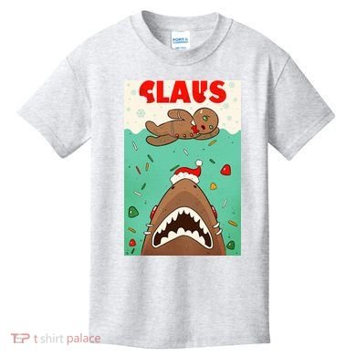 Funny Christmas Santa Claus Shark Attack Gingerbread Man Kids T-Shirt