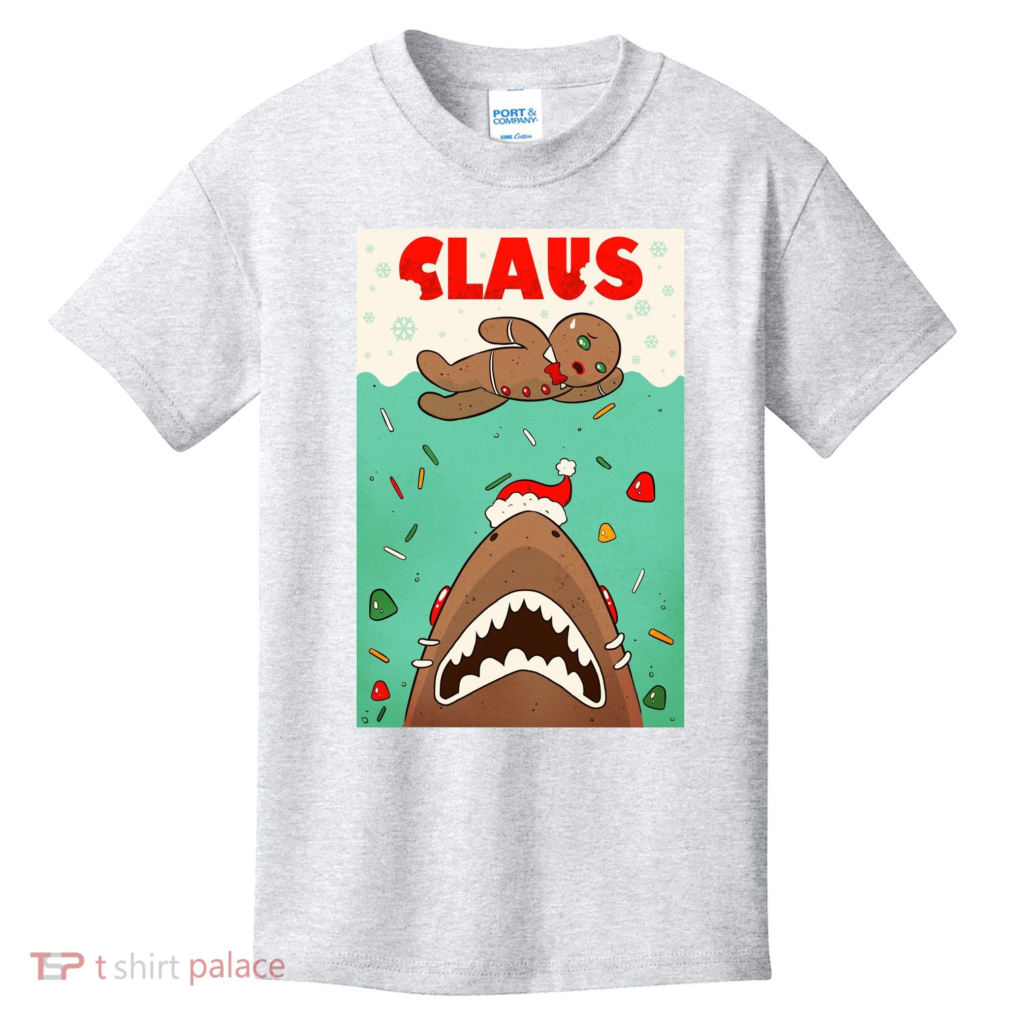 Funny Christmas Santa Claus Shark Attack Gingerbread Man Kids T-Shirt