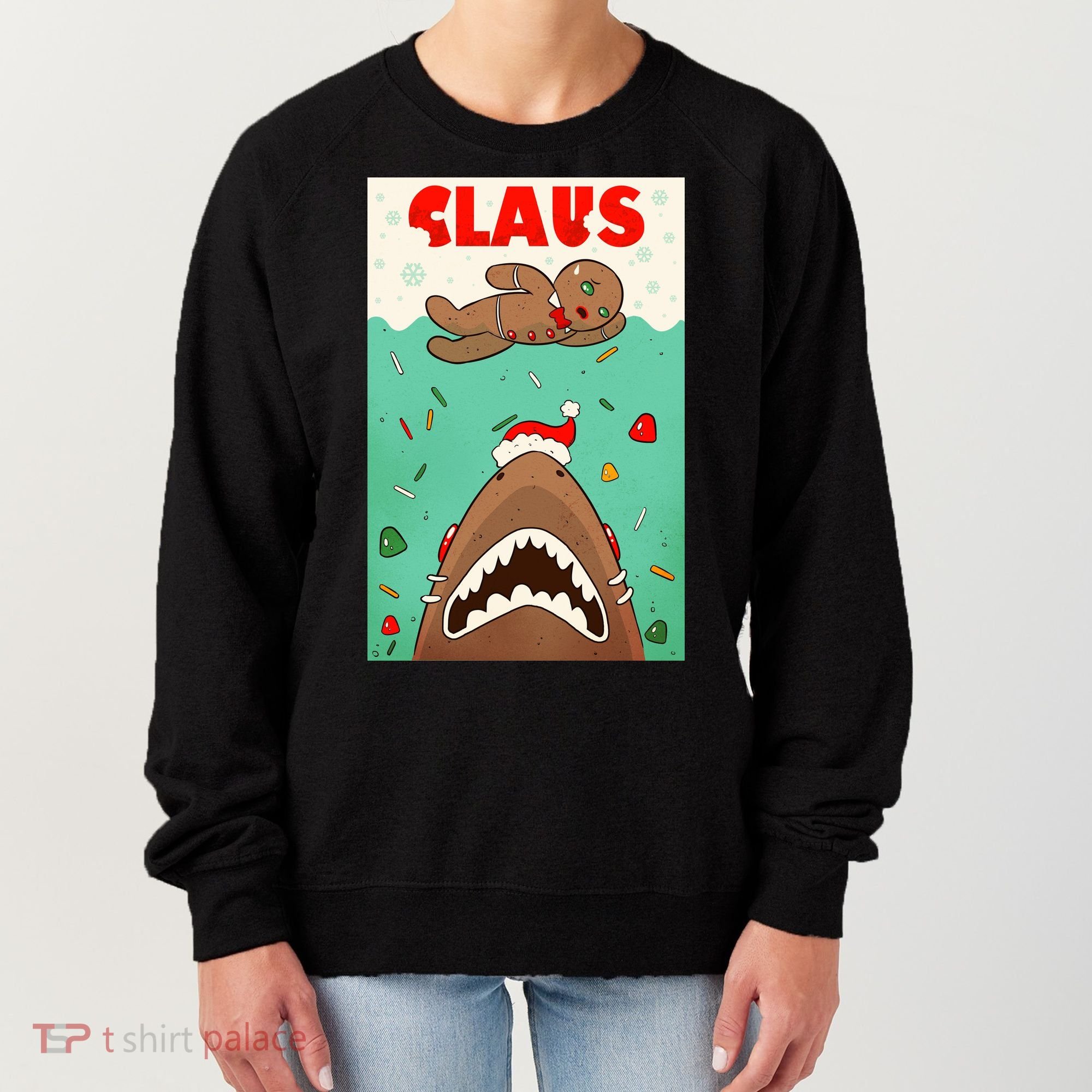 Funny Christmas Santa Claus Shark Attack Gingerbread Man Women's Sweatshirt