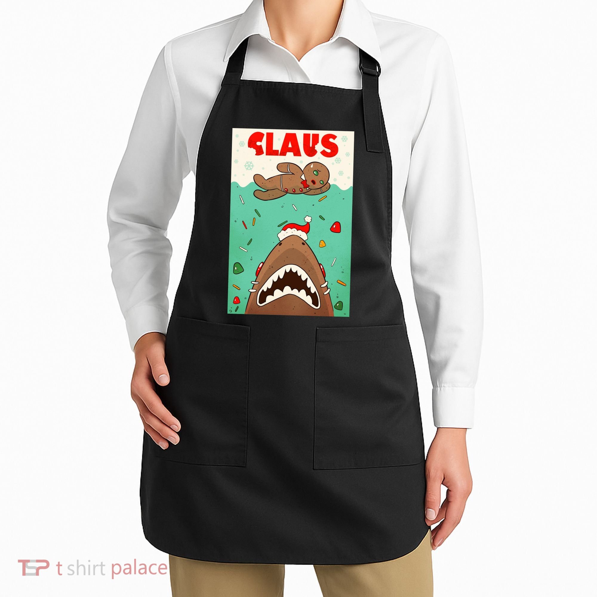 Funny Christmas Santa Claus Shark Attack Gingerbread Man Apron