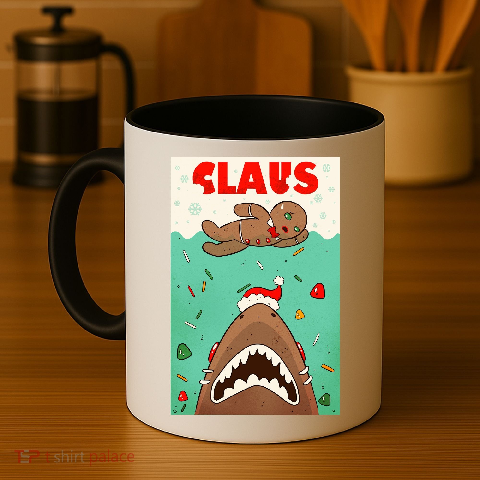 Funny Christmas Santa Claus Shark Attack Gingerbread Man Coffee Mug