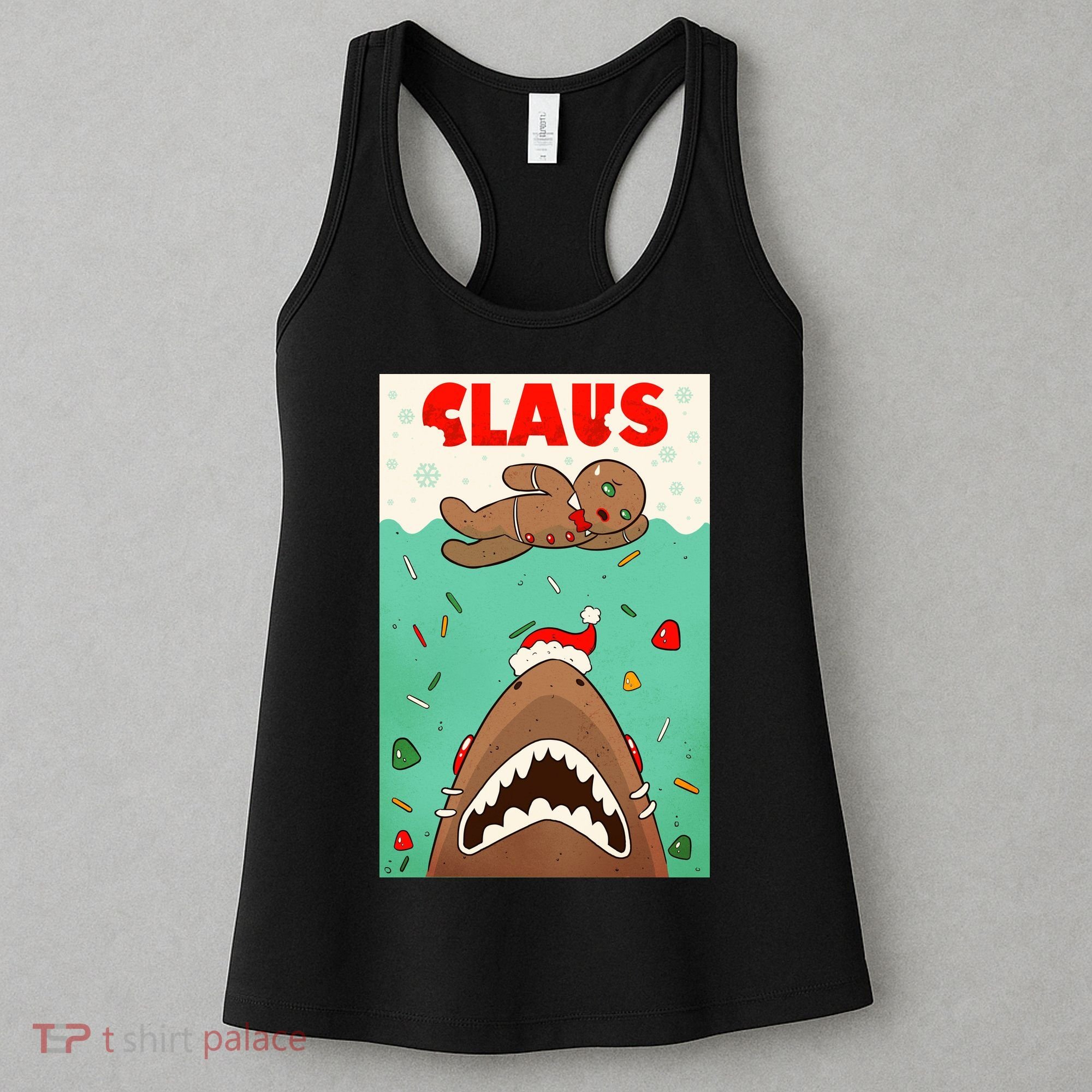 Funny Christmas Santa Claus Shark Attack Gingerbread Man Women's Tank Top