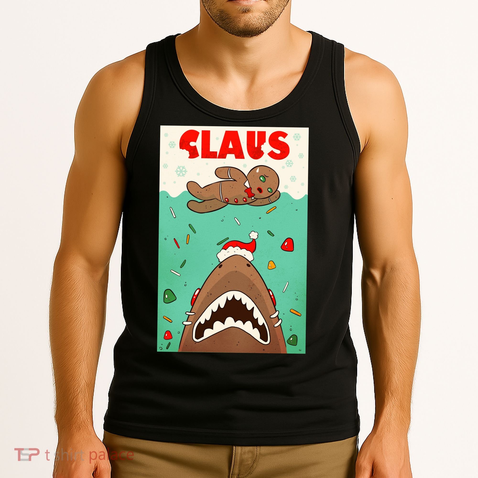 Funny Christmas Santa Claus Shark Attack Gingerbread Man Tank Top