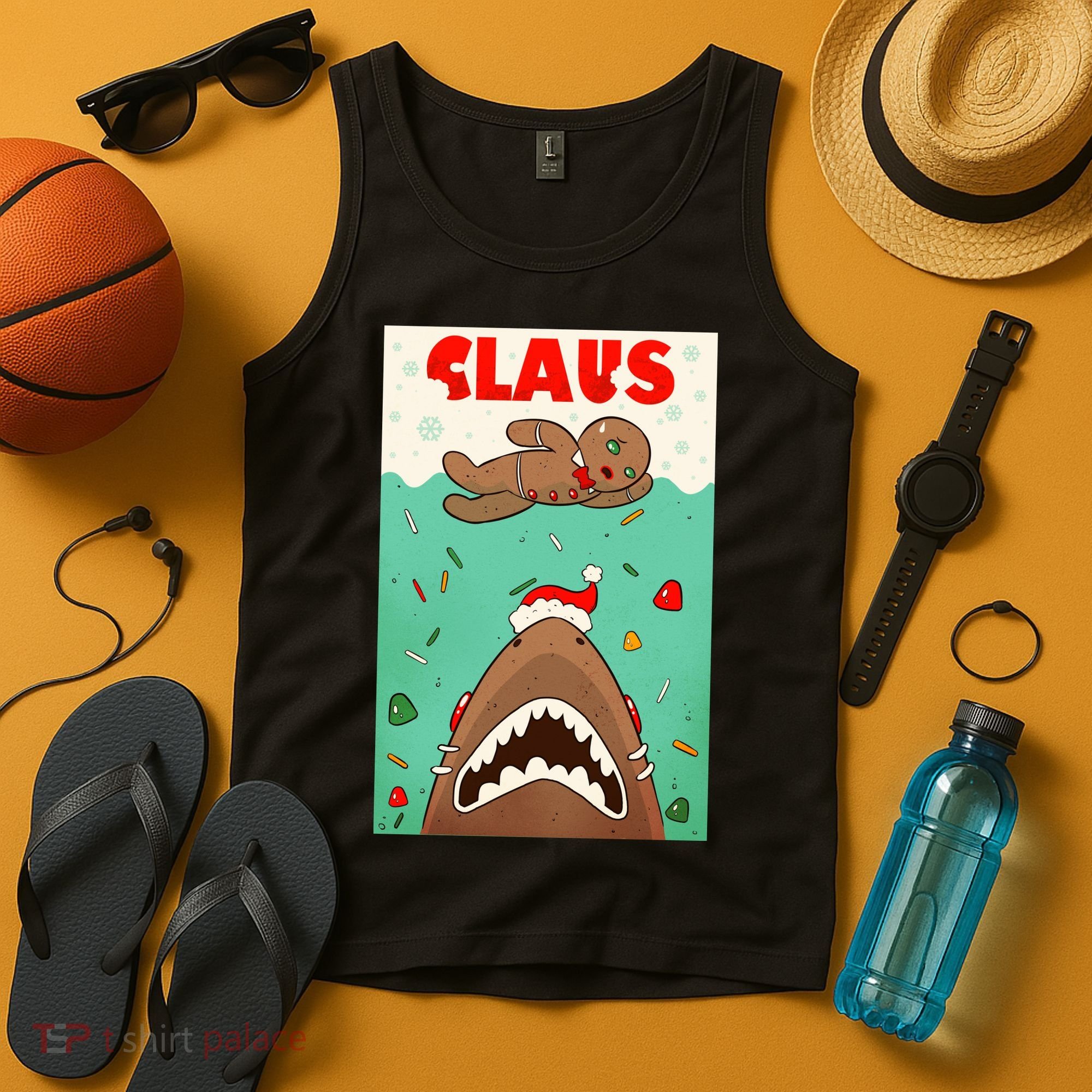 Funny Christmas Santa Claus Shark Attack Gingerbread Man Tank Top