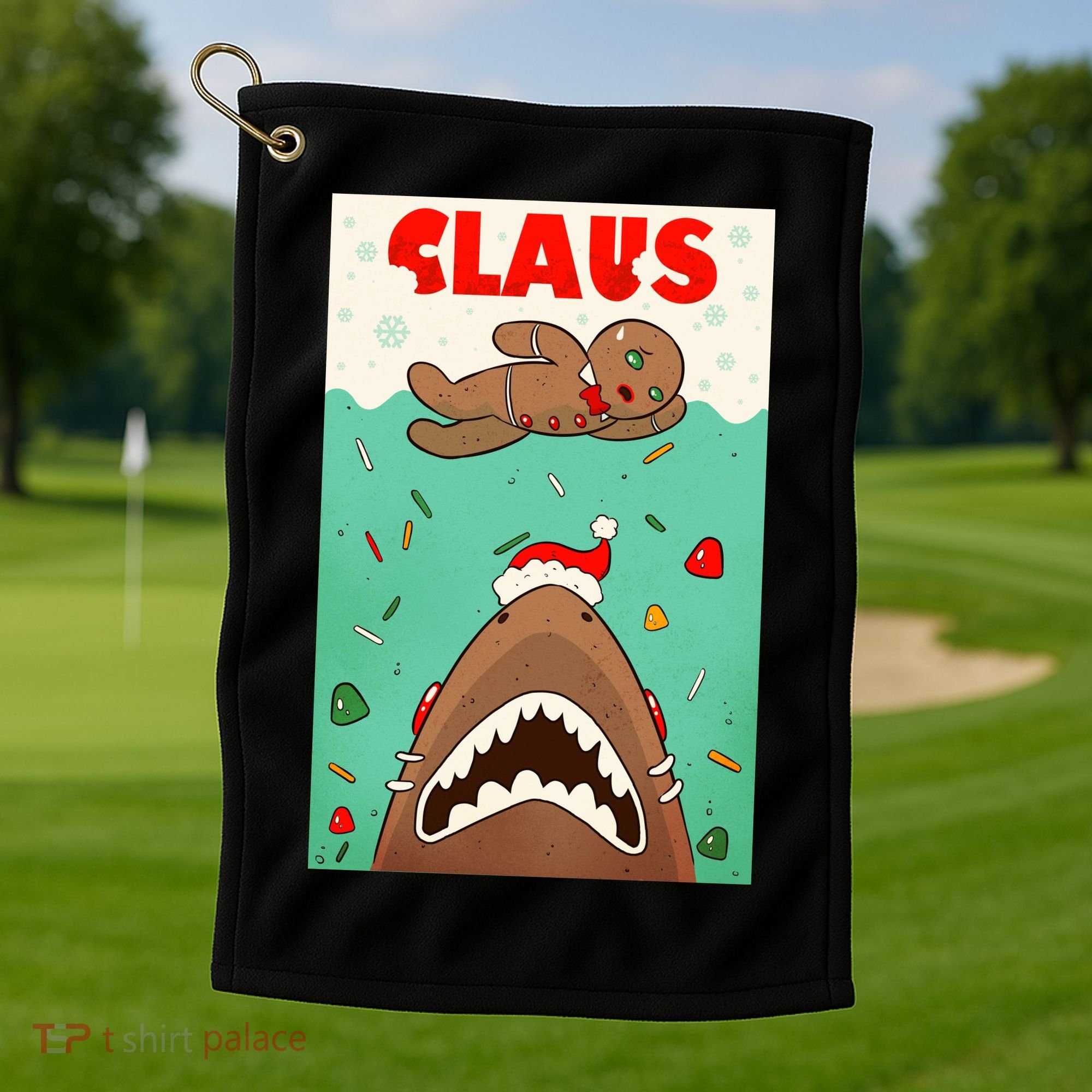 Funny Christmas Santa Claus Shark Attack Gingerbread Man Golf Towel