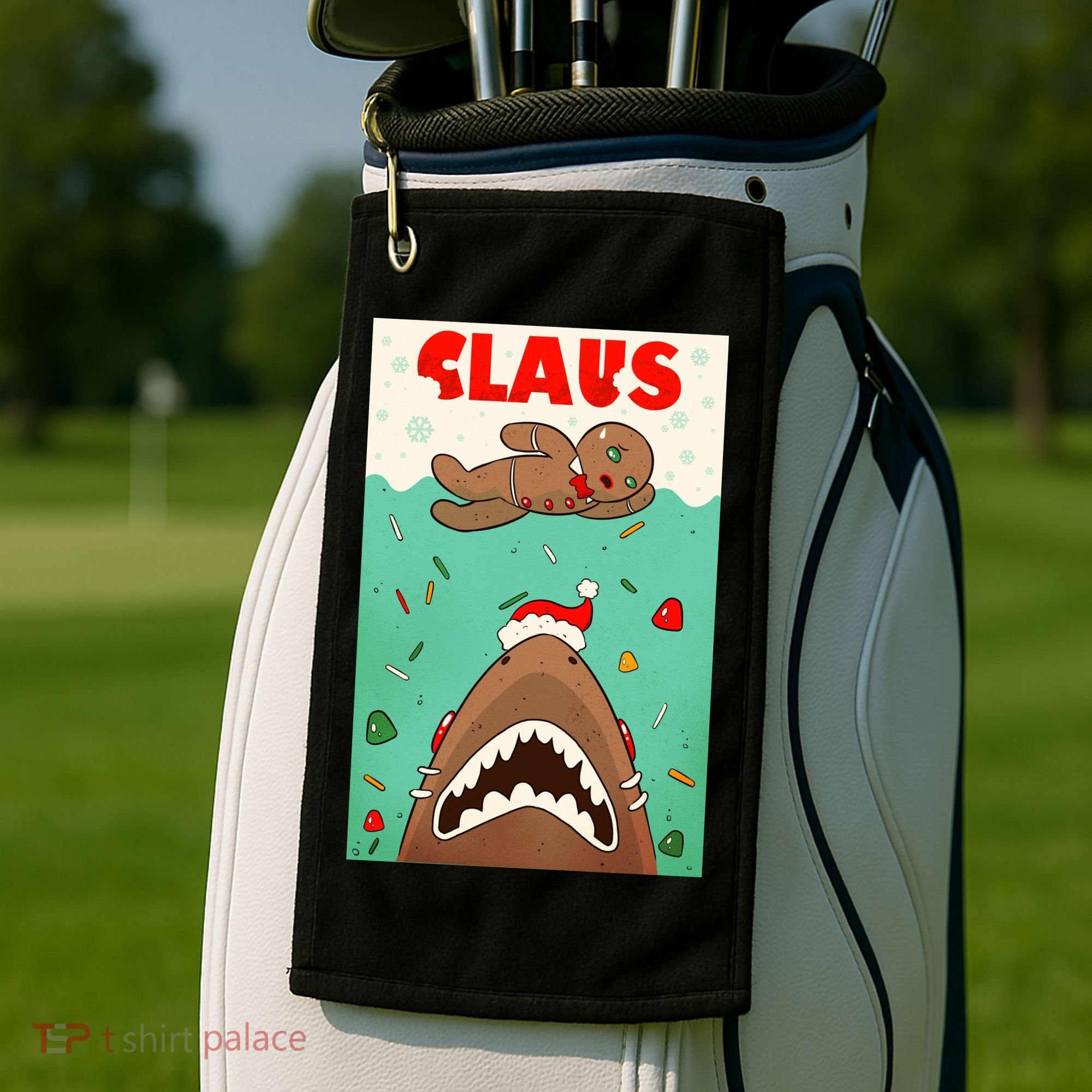 Funny Christmas Santa Claus Shark Attack Gingerbread Man Golf Towel