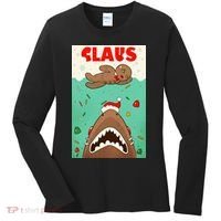 Funny Christmas Santa Claus Shark Attack Gingerbread Man Women's Long Sleeve Shirt thumb 0