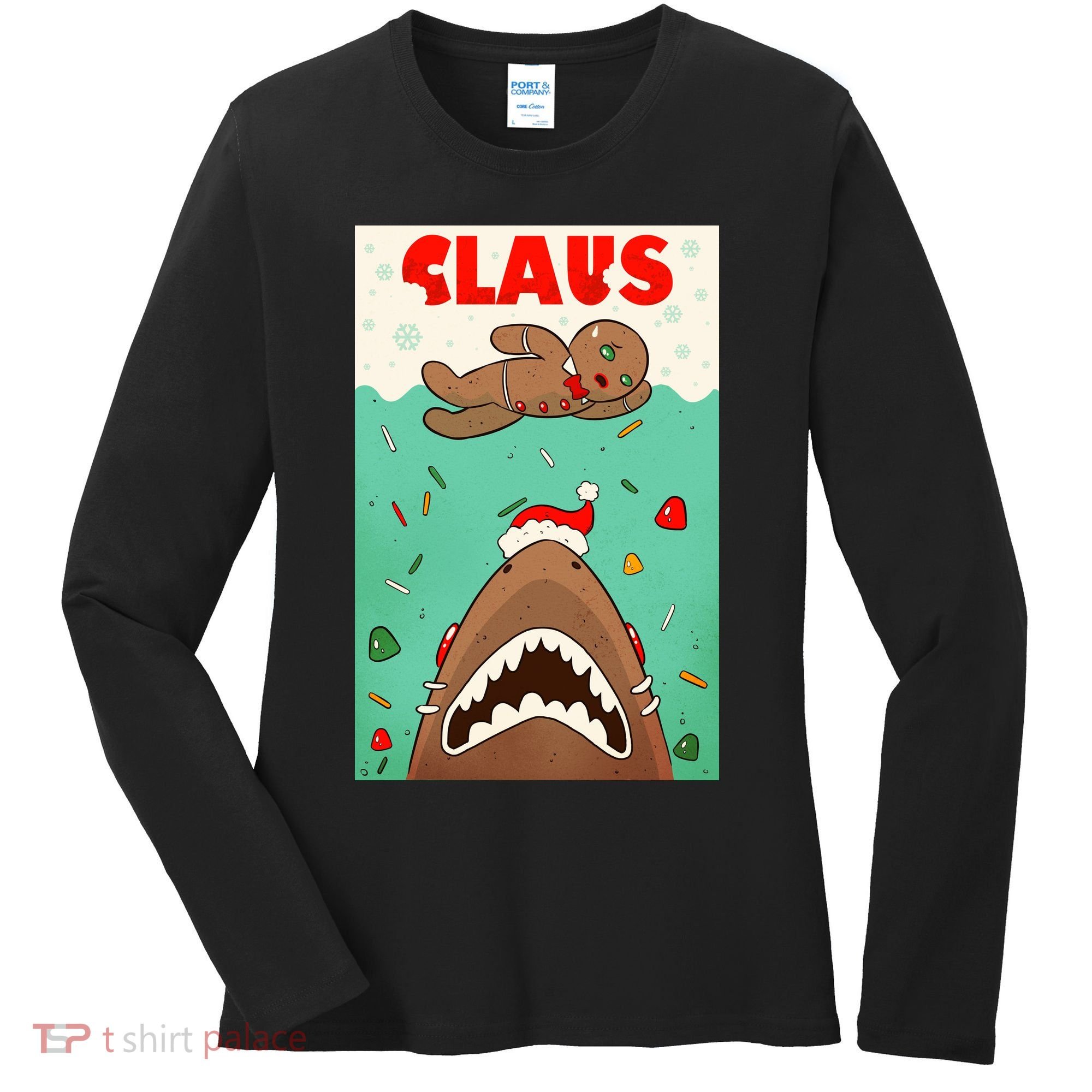 Funny Christmas Santa Claus Shark Attack Gingerbread Man Women's Long Sleeve Shirt