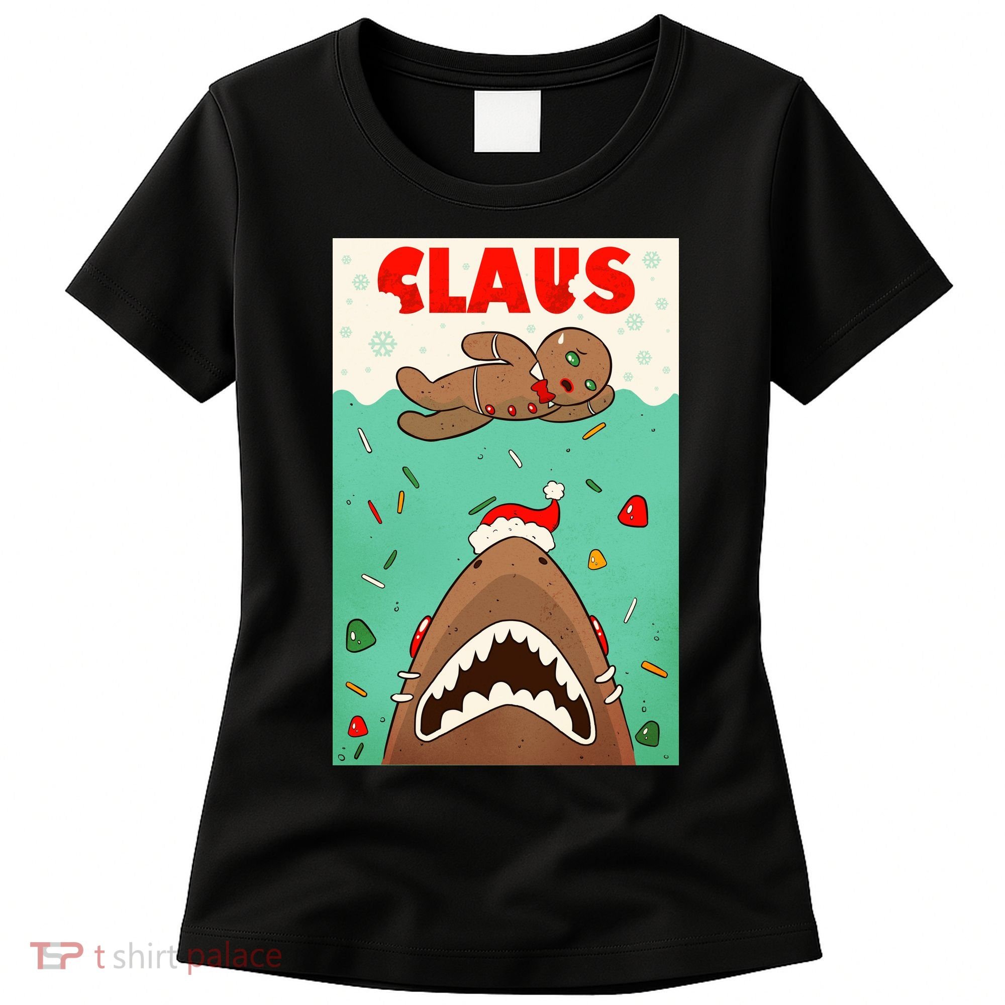 Funny Christmas Santa Claus Shark Attack Gingerbread Man Women's T-Shirt