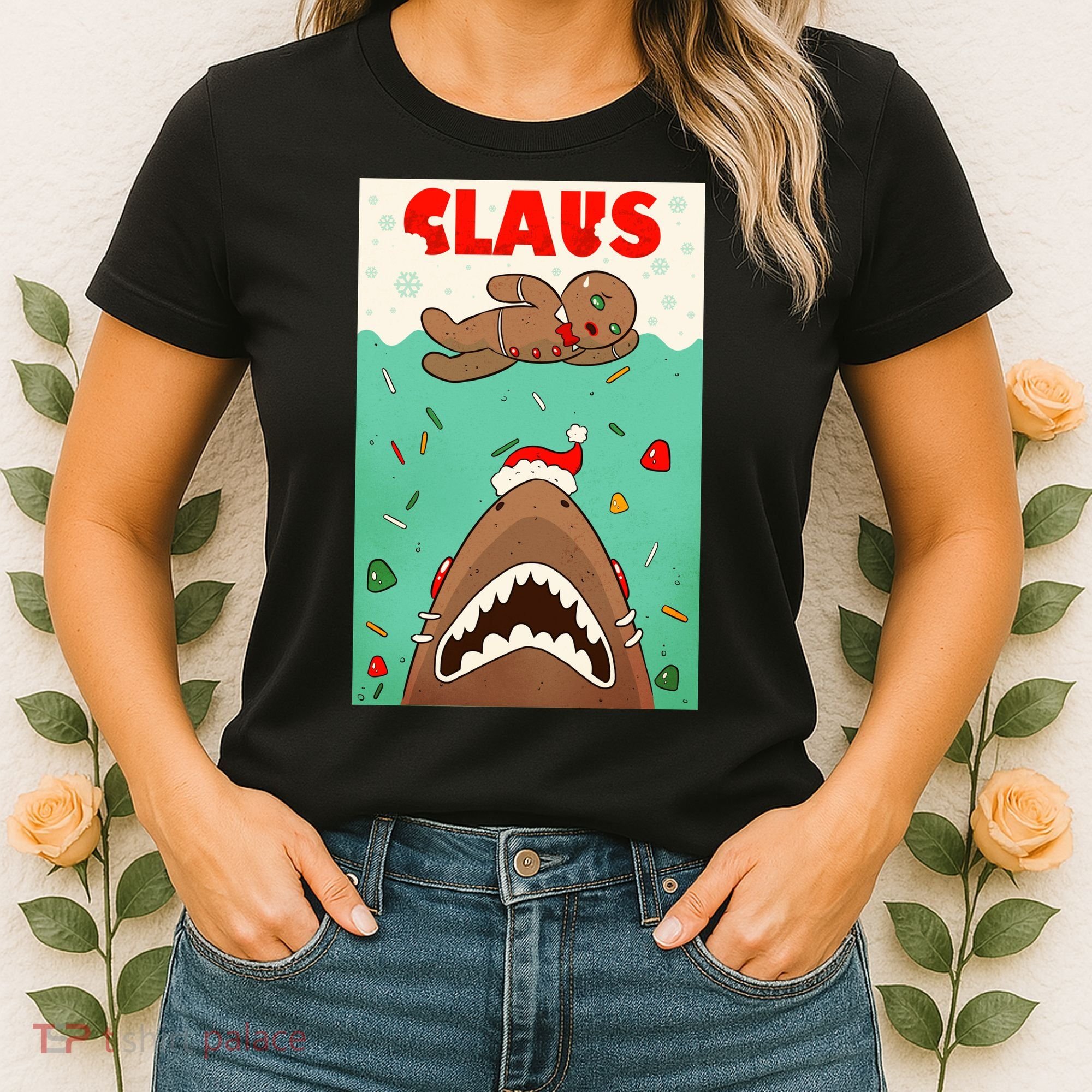 Funny Christmas Santa Claus Shark Attack Gingerbread Man Women's T-Shirt