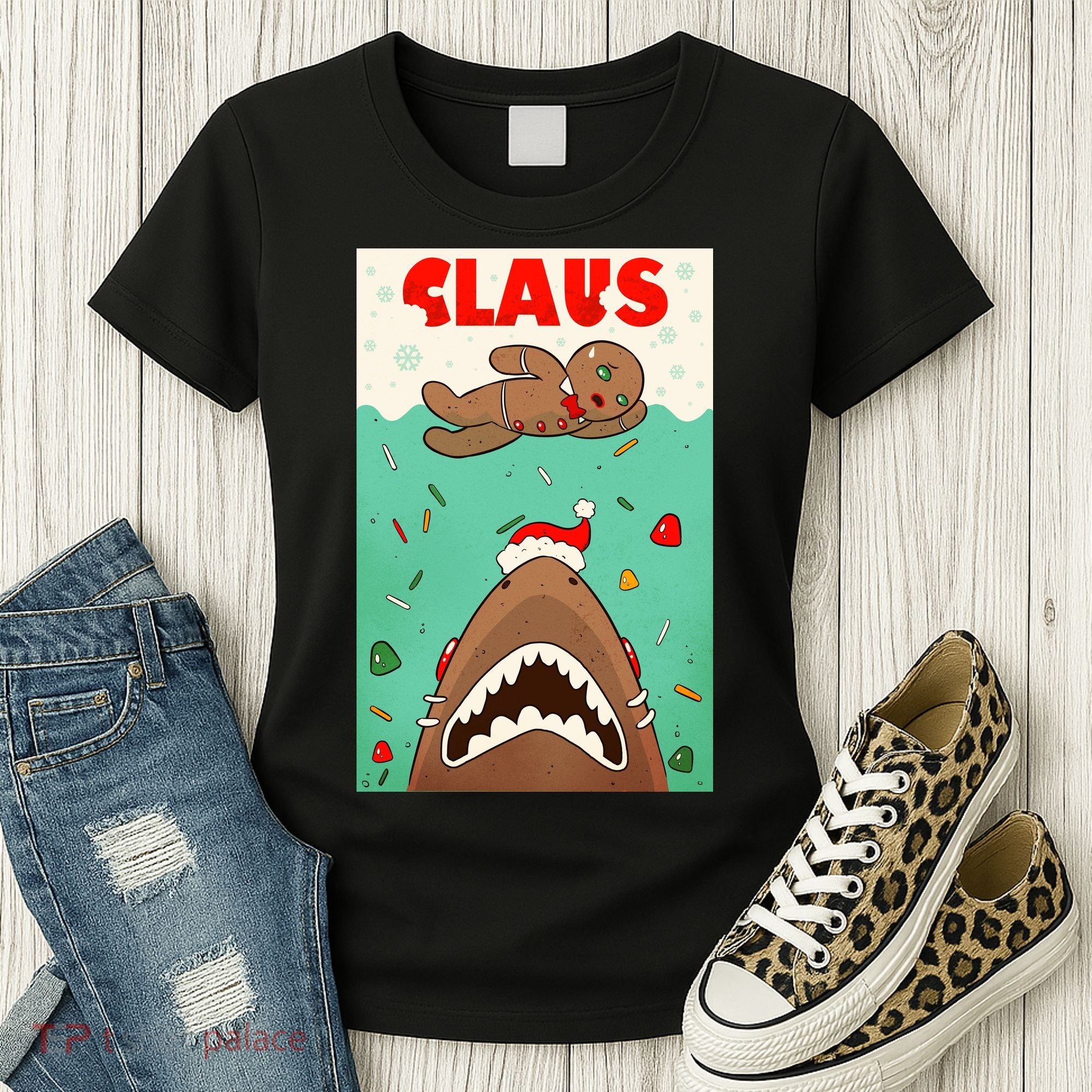 Funny Christmas Santa Claus Shark Attack Gingerbread Man Women's T-Shirt